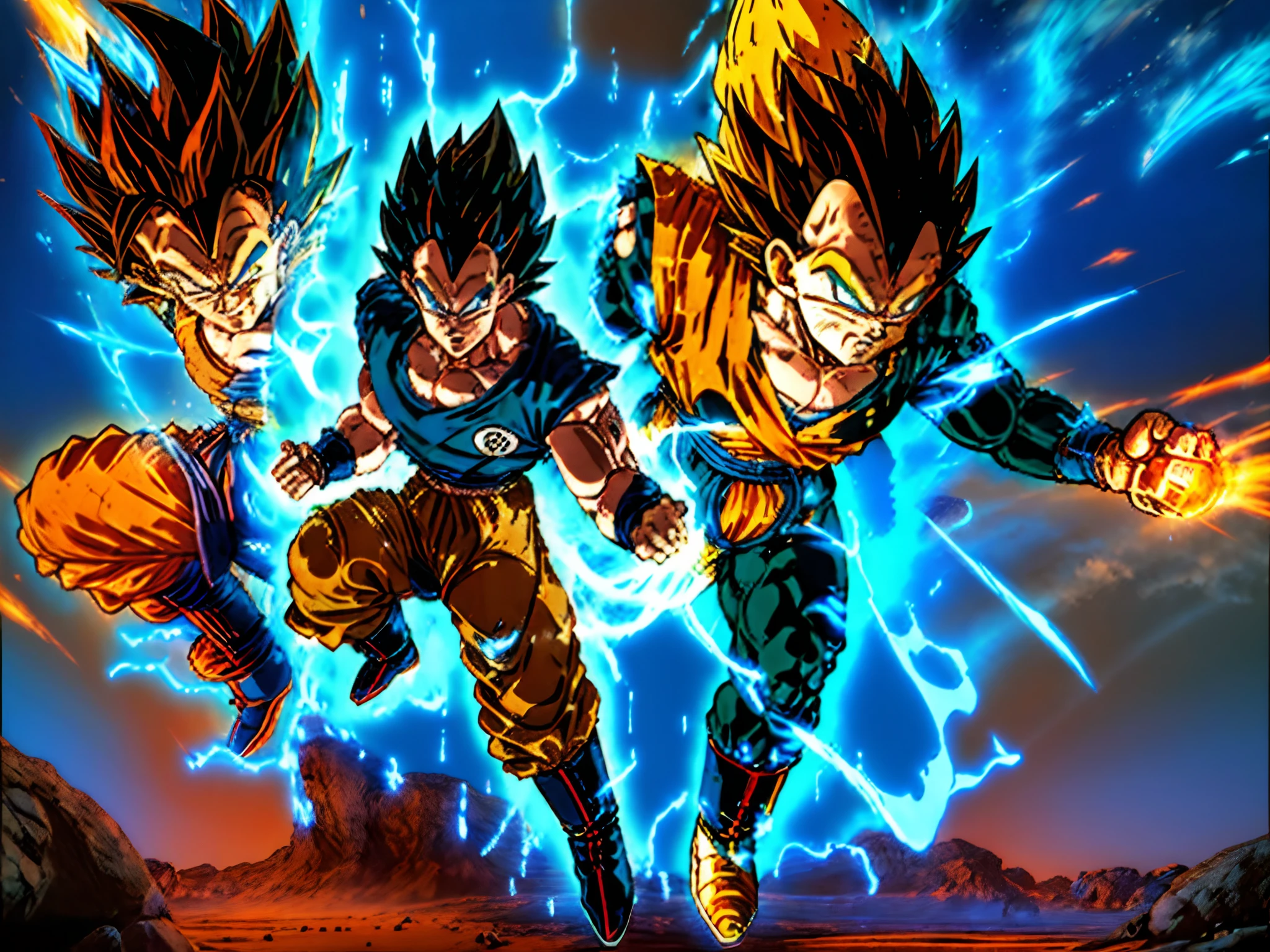 Goku and Vegeta engage in an intense battle on the vibrant and alien landscape of Planet Namek. Goku, with his distinctive spiky black hair and orange martial arts uniform, exudes an aura of focused determination. His piercing black eyes are locked onto Vegeta, and he stands with a stance that radiates confidence.

Vegeta, on the other hand, stands tall with his Saiyan armor adorned in royal blue and white. His shiny black hair contrasts with the greenish-blue atmosphere of Namek. His fierce scowl and prideful posture display his Saiyan arrogance as he faces off against Goku.

The two warriors clash with explosive energy, sending shockwaves across the Namekian landscape. The air crackles with the power of their battle, and the sky is filled with bursts of energy as they exchange blows.

That's a concise description of Goku and Vegeta during their battle on Planet Namek.