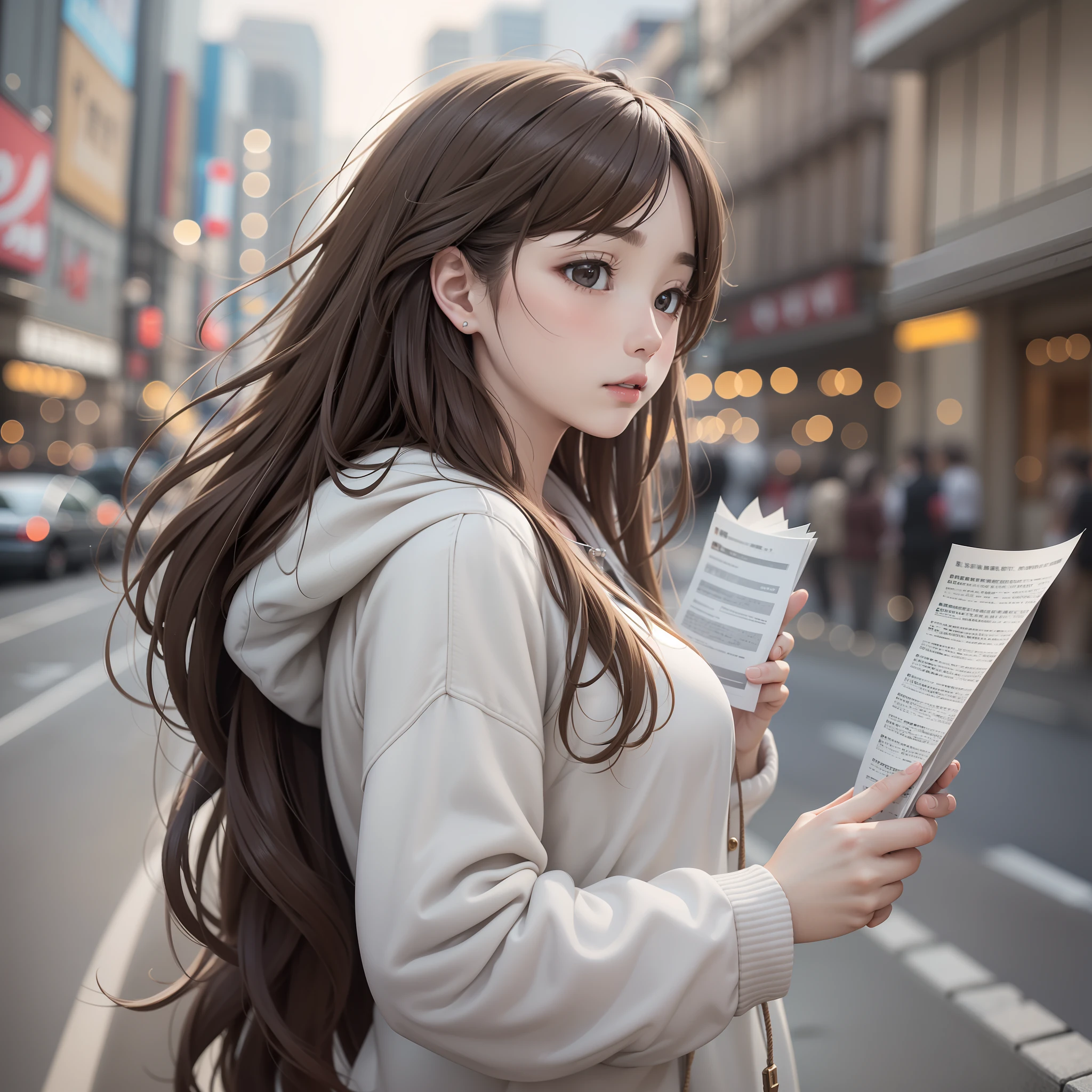(Raw photography、top-quality)、(realisitic、Photorealsitic:1.3)、masterpiece、extremely delicate and beautiful、A highly detailed、nffsw、Unity、2k wallpaper、astonishing、finely detail、Highly detailed ticker Unity 8k wallpaper、ultra-detailliert、hight resolution、absurderes、1girl in、Soft light、((Brown hair long hair:1.3))、a beautiful detailed girl、Detailed finger、Highly detailed profile、1girl in、cute little、Lifelike face、Realistic body、Lustrous skin texture、Downtown Japan、(Light blue mountain hoodie)、(Holding a lot of paper in your hands)