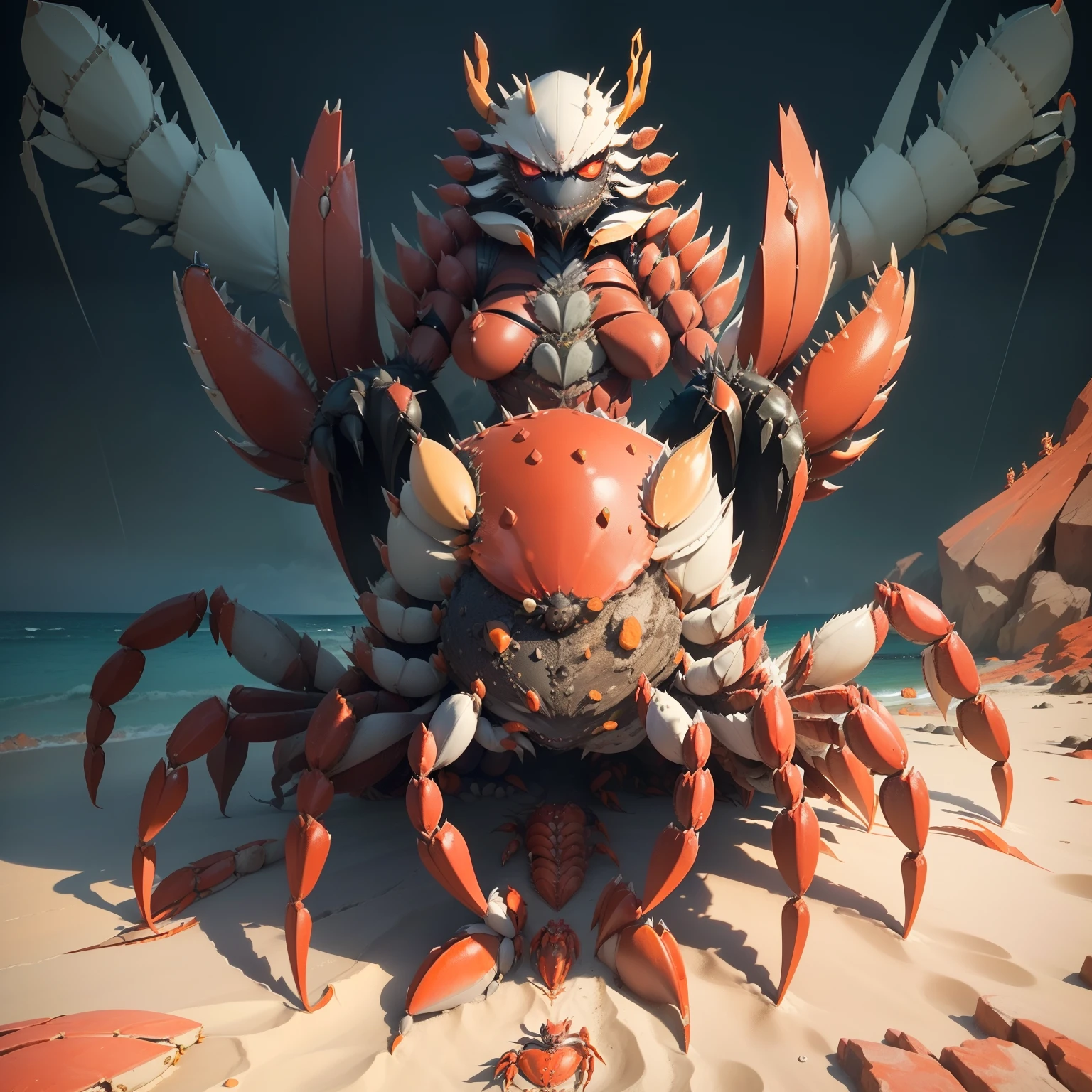 Illustration of a crab woman attacking with giant scissors、A monster that combines creepiness and beauty、Personification of crabs、(femele:0.5| Crab:1.6)、Atrocious、cruel、offensive、Ferocious、ruthless look、Both hands are huge scissors、(Body covered with crab shells:1.2)、Emphasis on crab characteristics、the beach、(Full body:1.8)