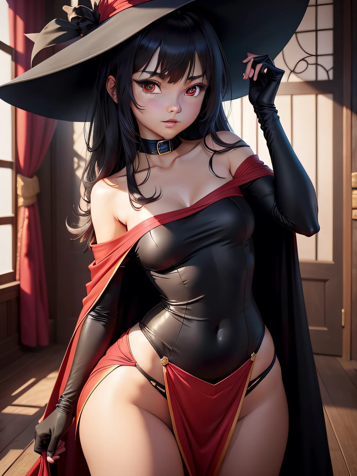 megumin, 1girl, bare shoulders, black cape, black gloves, black hair, blush, cape, choker, collarbone, dress, hair between eyes, hat, long sleeves, looking at viewer, medium hair, off-shoulder dress, off shoulder, red dress, red eyes, sidelocks, solo, witch hat, indoors