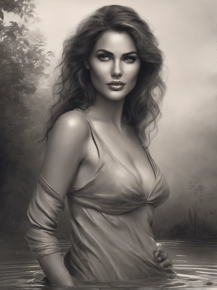 an illustration that encapsulates the beauty of a woman having fun in the mud within a tranquil rural setting on a misty morning. Despite being covered in mud, her captivating features shine through. She possesses alluring eyes and a well-proportioned body. Develop this artwork in Full HD with a cinematic style.