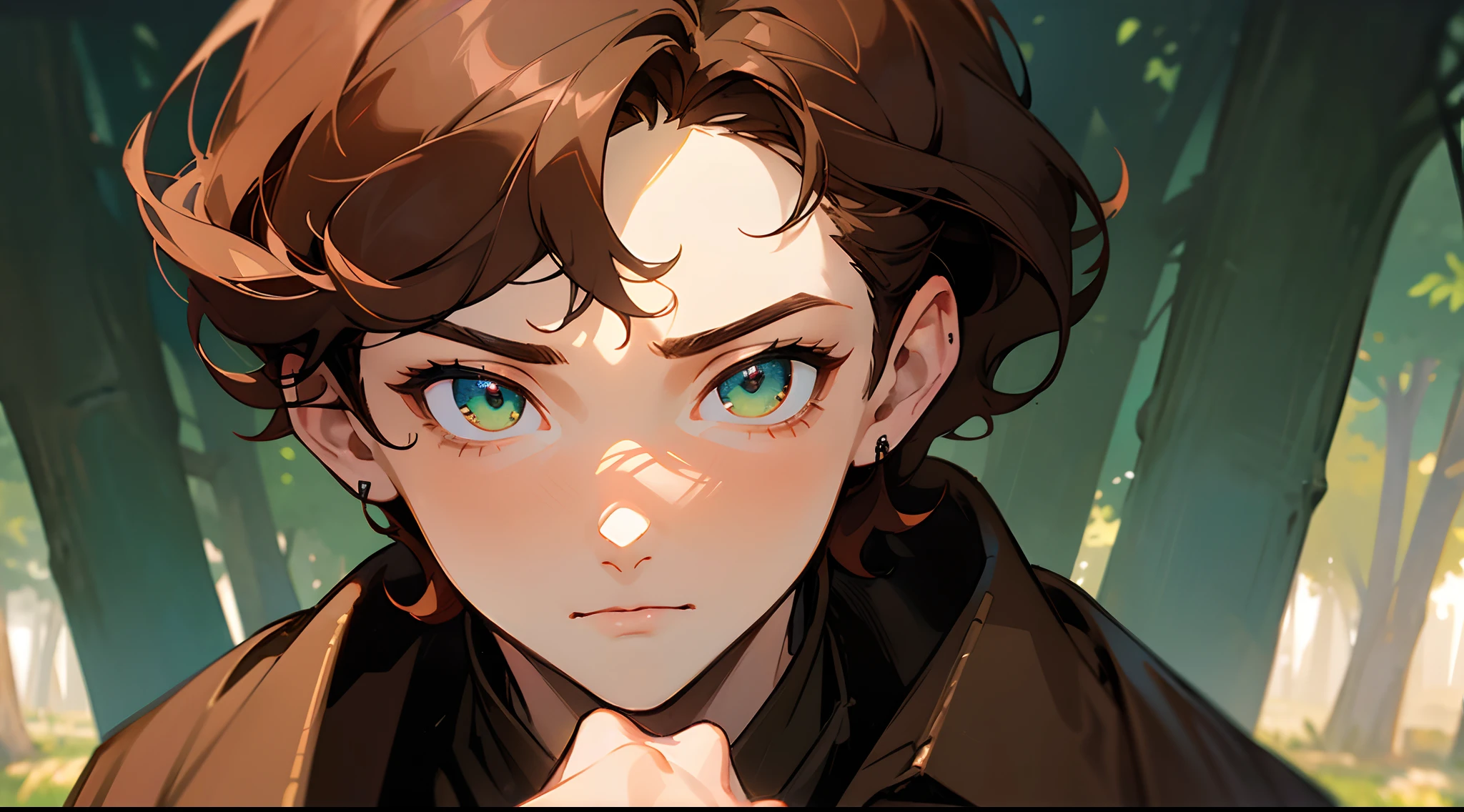 ((tmasterpiece)),(((beste-Qualit))), Close-up of young boy with brown hair, Subsurface scattering skin, Attractive humanoid, in rustic clothes, shirt, high detail, Skinny fantasy man, Fan art, Art, looks at the viewer, handsome male, ruddy, Green eyes, Skinny face, sunken cheeks, Beautiful deep gaze, seductive gaze, Melancholic appearance, sharp chin, Smooth face, earring in the ear, Hair gradient, hair color from brown to red, thin eyebrows, short hair on the side, pixie hairstyle, Wavy Hair, Dark Forest, Bright day, Solar background, wooded area, village, Wooden houses in the background, Warm shades, Additional lighting