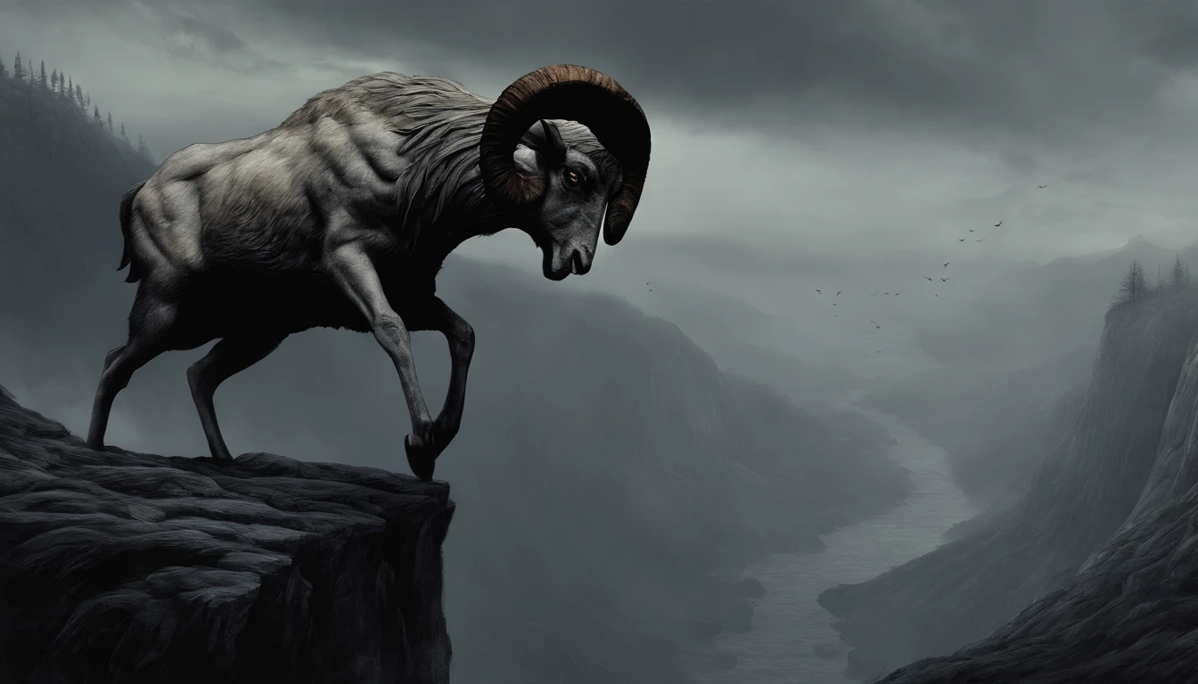 /imagine prompt: A ram jumps down a steep cliff，This was followed by a flock of sheep jumping down。 artwork of a, mixed media, Combine digital painting with traditional painting，For actions, Dynamic and detailed, --AR 16:9 --V 5