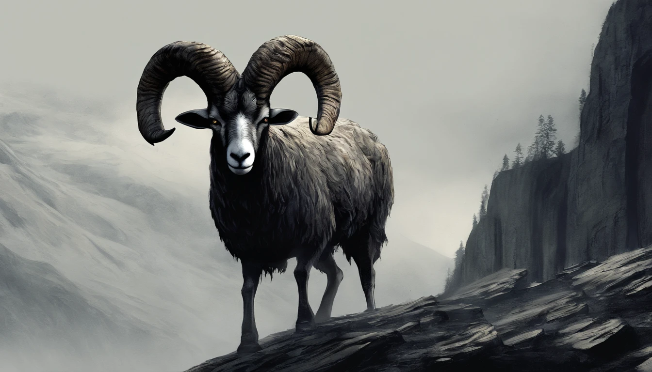 /imagine prompt: A ram jumps down a steep cliff,This was followed by a flock of sheep jumping down。 artwork of a, mixed media, Combine digital painting with traditional painting,For actions, Dynamic and detailed, --AR 16:9 --V 5
