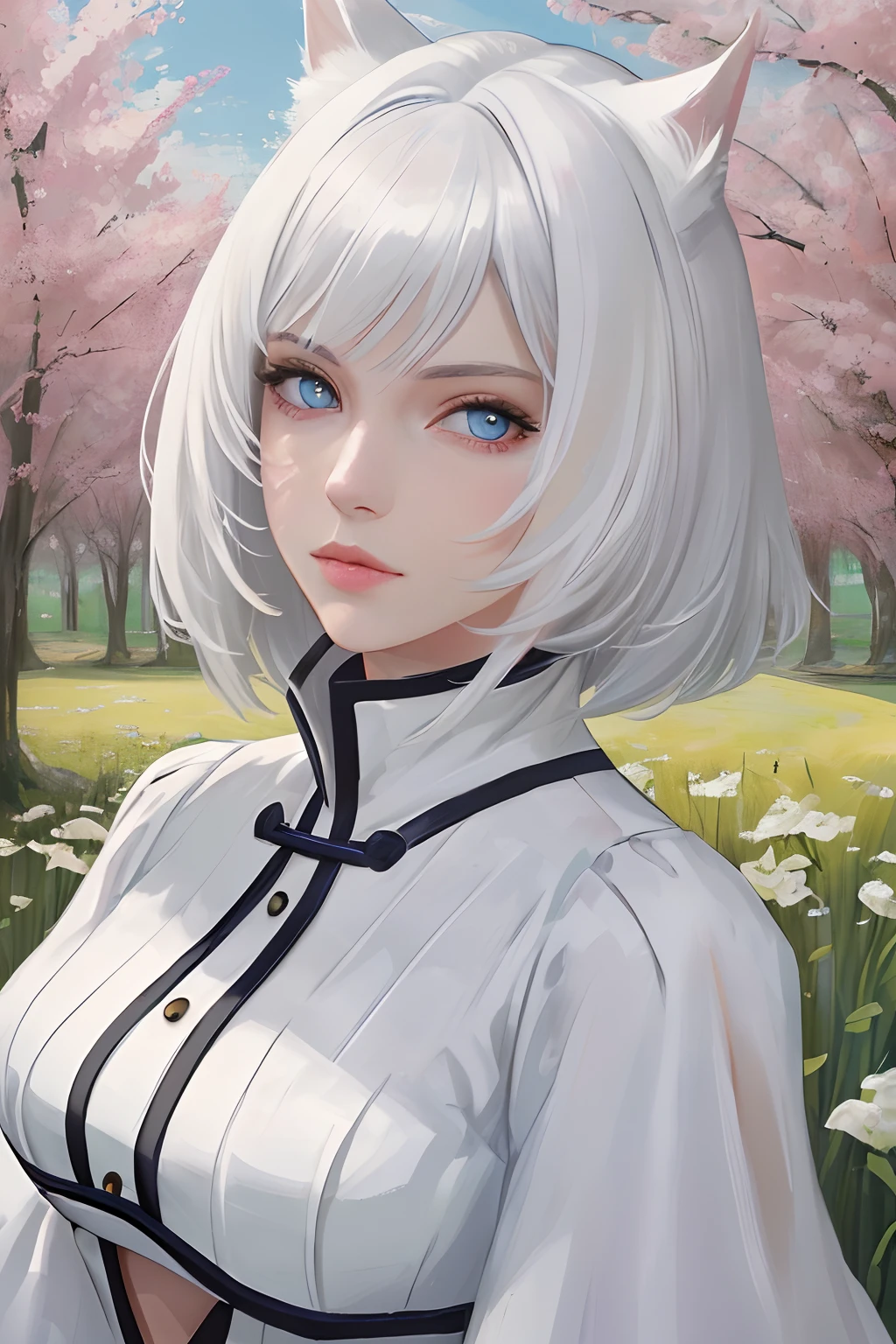 Masterpiece, highres, high quality, Detailed face, best quality,1girl, (miqote:1.1), cat ears, (pale skin:1.1), cat girl, (white hair), blue eyes, (looking at viewer:1.2), lips ajar, (field, outdoors:1.1), anthropomorphic, white crop top, bangs, short hair, up close, ((face focus)),