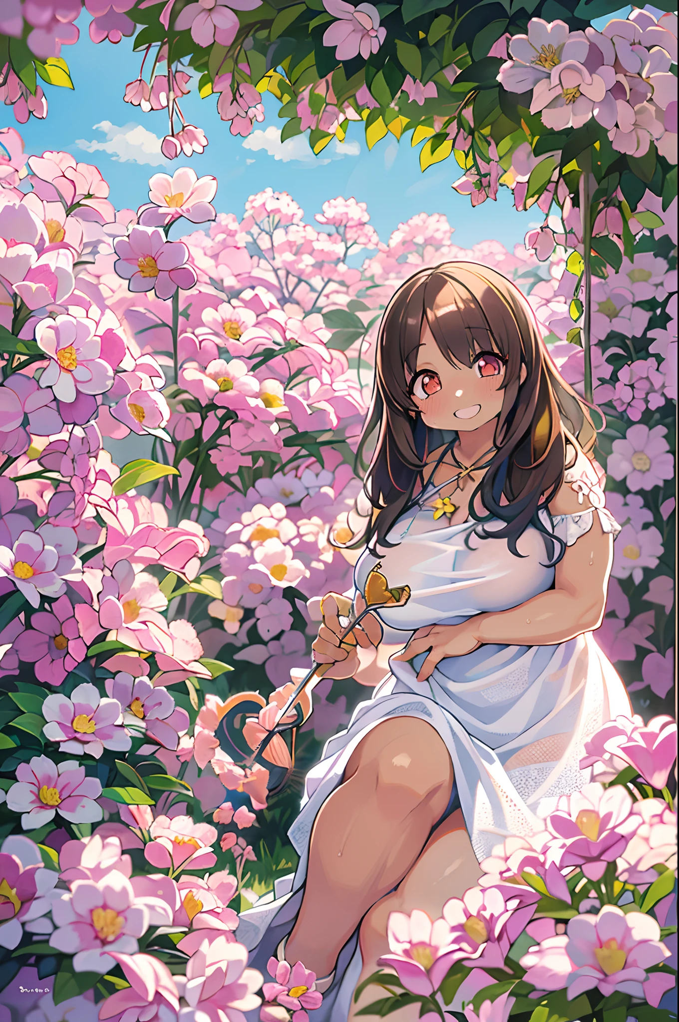 Best Quality, masutepiece, Ultra High Resolution (Photorealistic: 1.4), Raw photo, 1 girl, White Dress, Bare shoulders, Pink flower garden blooms profusely, Glowing skin, A big smile,huge-breasted、bbw,Large Thigh