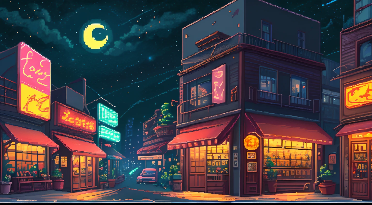 no humans, outdoors, sky, night, moon, plant, coffe shop, star (sky), night sky, scenery, city, sign, potted plant, wide shot, crescent moon, neon lights, pixel art, pixel