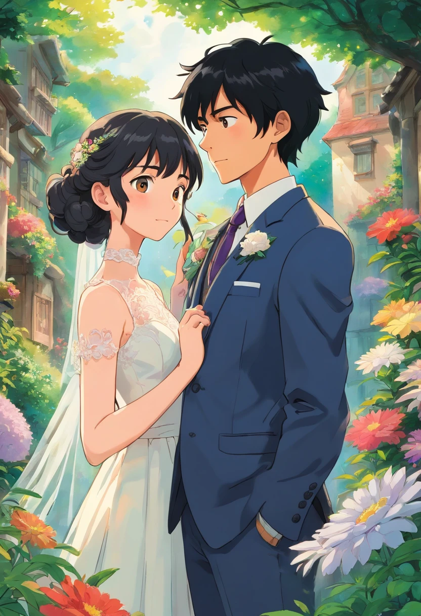 The groom has black hair