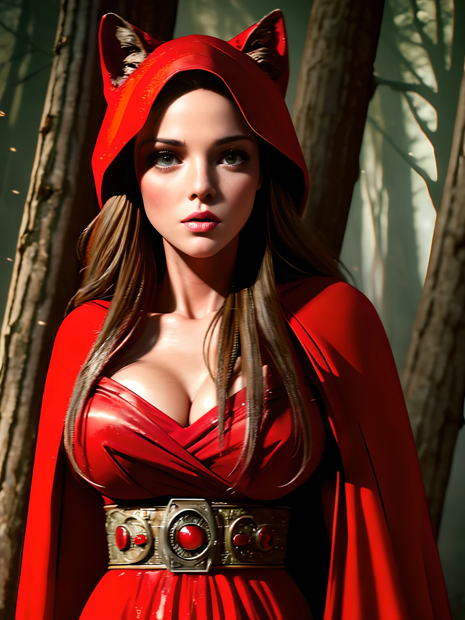 extremely beautiful red riding hood, subtle makeup, golden hour, photorealistic, high contrast, 8k HD, detailed, hyper-detailed, realistic skin texture, covered with red hood, big breast, best quality, ultra high res, raw photo, dramatic lighting, unreal engine, diffuse glow, intricate red hood, outdoor, realistic detailed dark forest, holding light saber
