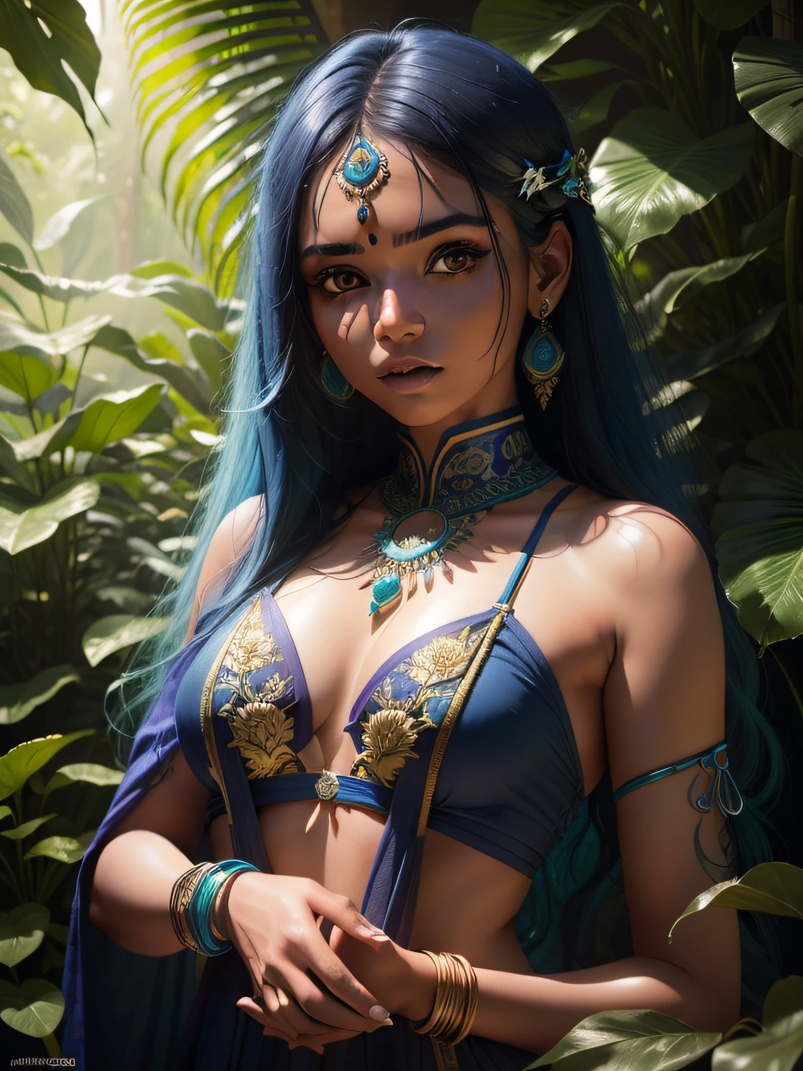fashion photography portrait of indian girl with blue hair, in lush jungle with flowers, 3d render, cgi, symetrical, octane render, 35mm, bokeh, 9:16, (intricate details:1.12), hdr, (intricate details, hyperdetailed:1.15), (natural skin texture, hyperrealism, soft light, sharp:1.2), detailed, sunlight passing through foliage