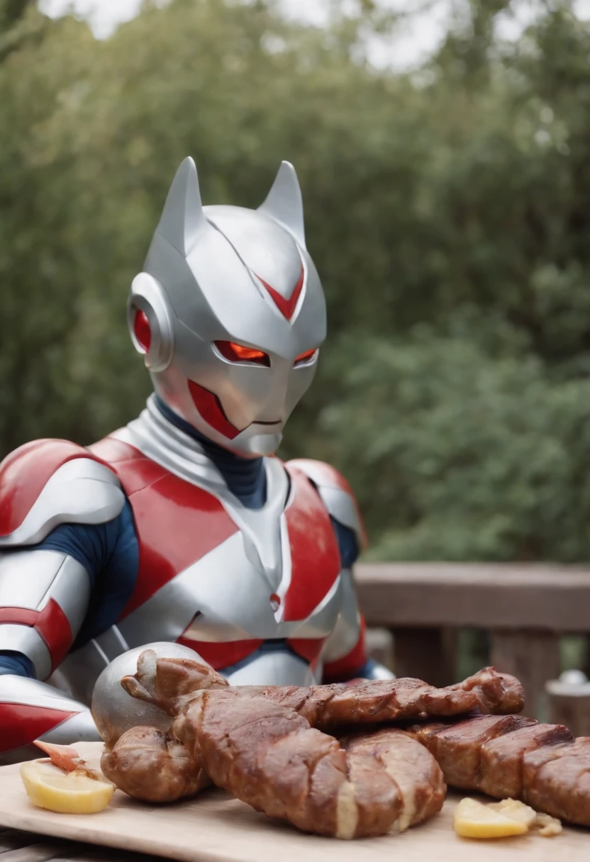Ultraman sat across from me eating a barbecue,First perspective
