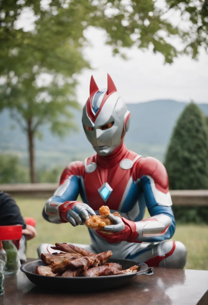 Ultraman sat across from me eating a barbecue,First perspective