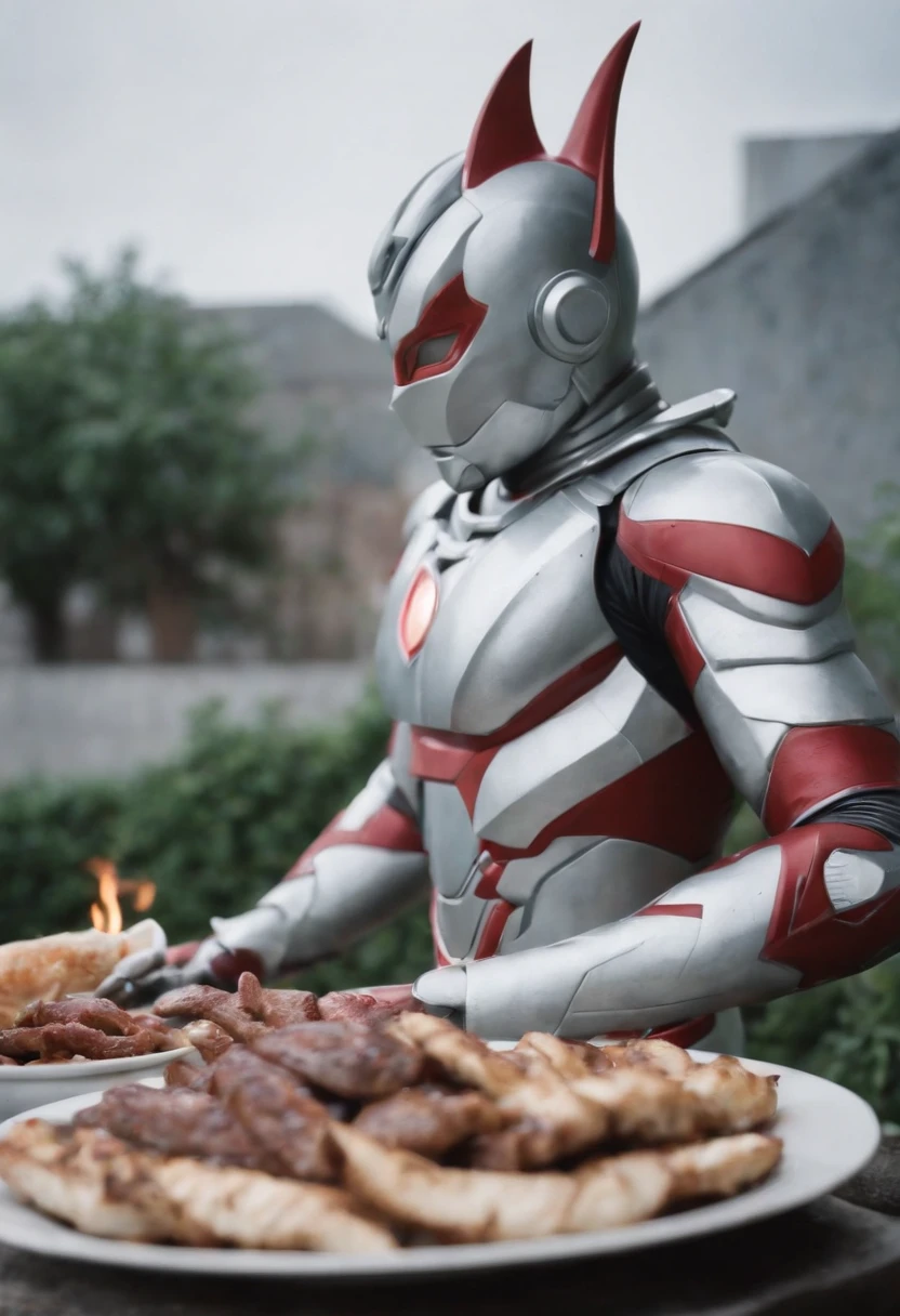 Ultraman sat across from me eating a barbecue，First perspective