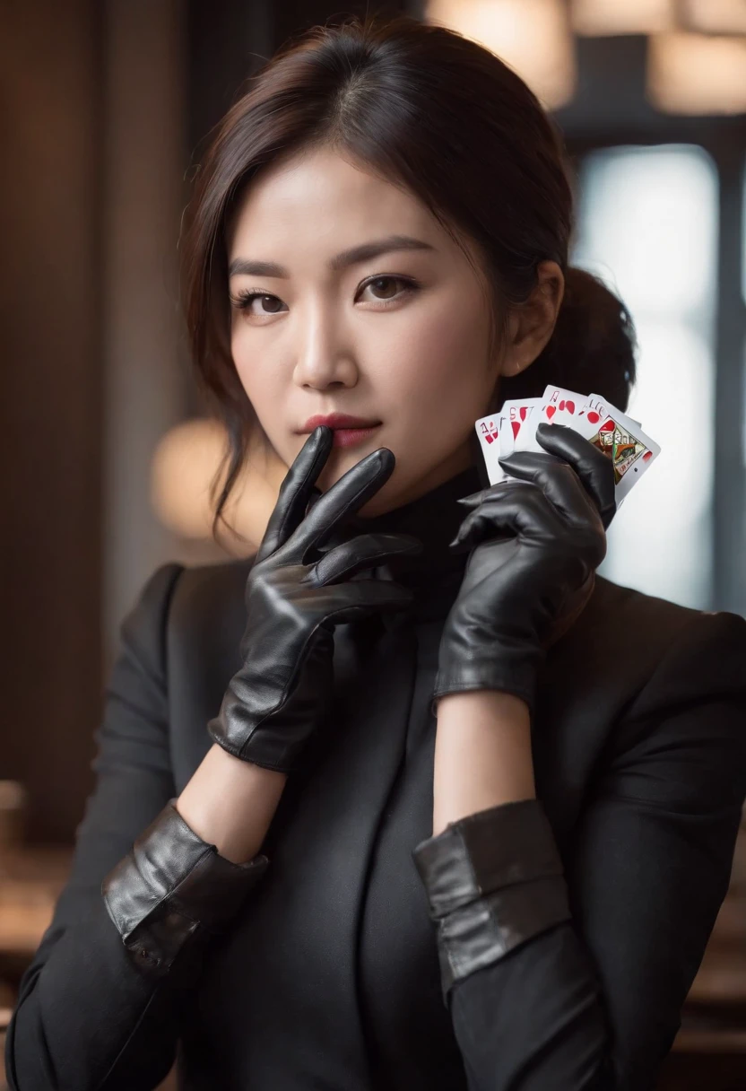 A young Japanese woman with a black suit up to a shirt and playing cards with black leather gloves on both hands