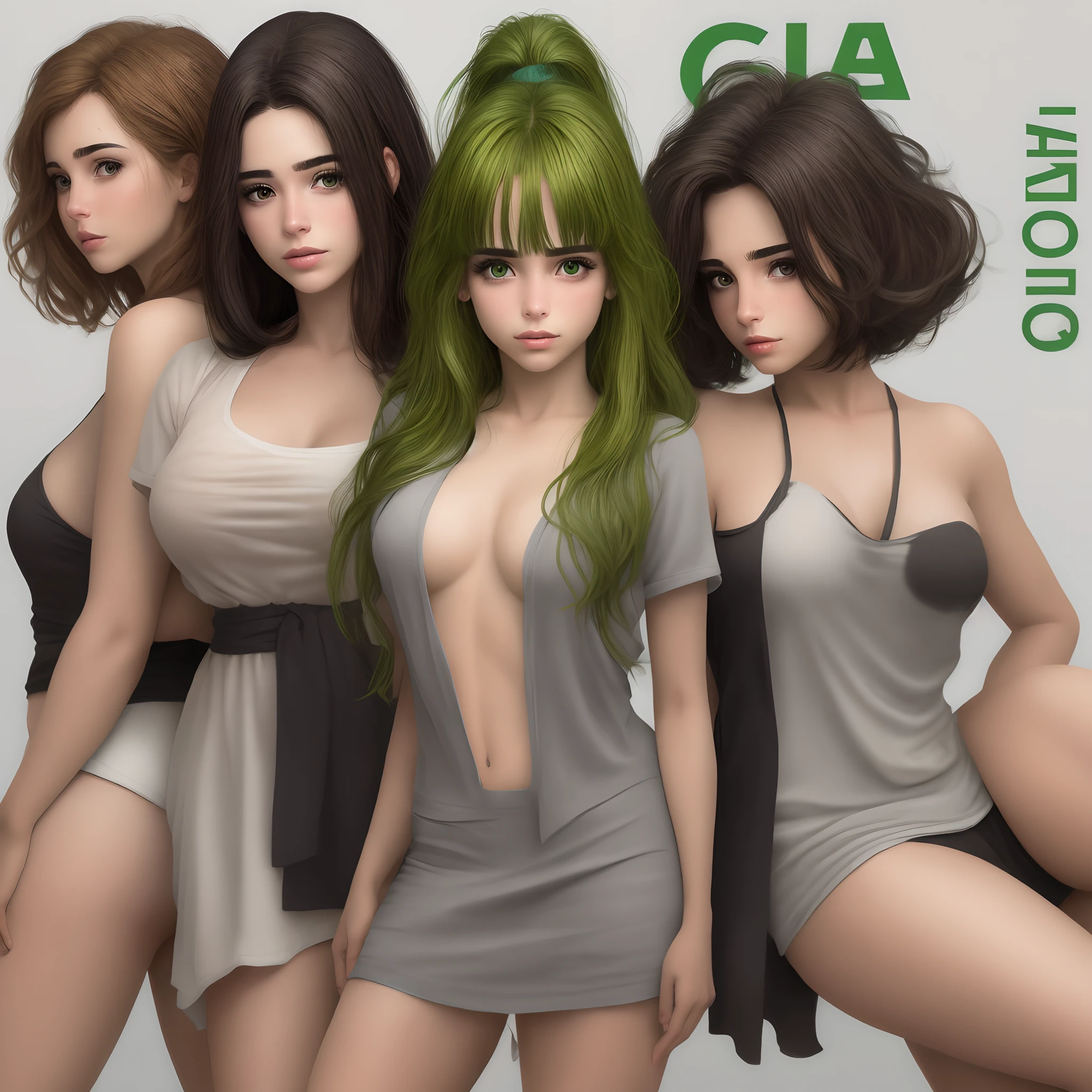 Sin ropa,cabello rubio, ojos verdes, pechos grandes , cola grande