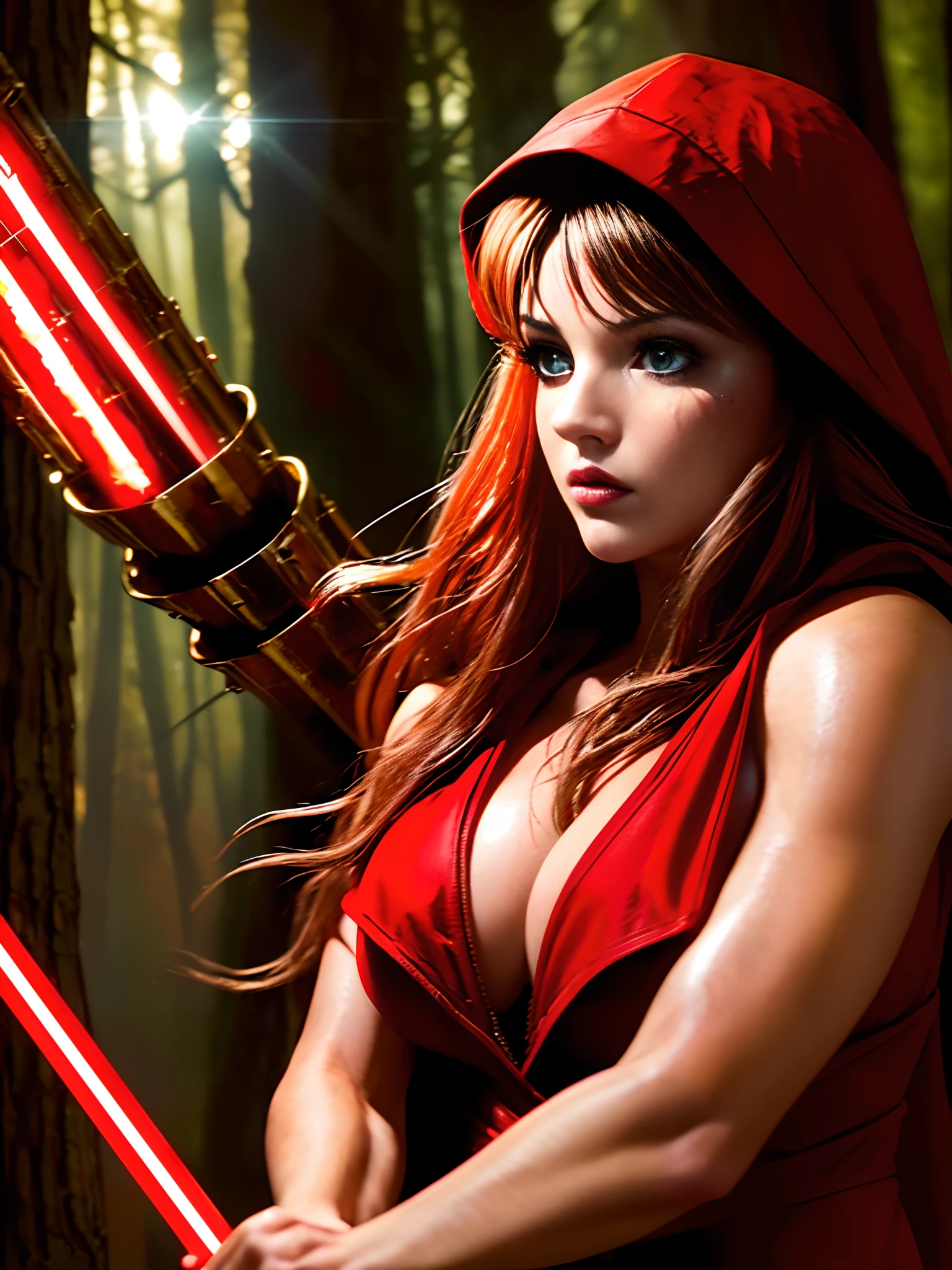 extremely beautiful red riding hood, subtle makeup, golden hour, photorealistic, high contrast, 8k HD, detailed, hyper-detailed, realistic skin texture, covered with red hood, big breast, best quality, ultra high res, raw photo, dramatic lighting, unreal engine, diffuse glow, intricate red hood, outdoor, realistic detailed dark forest, holding light saber