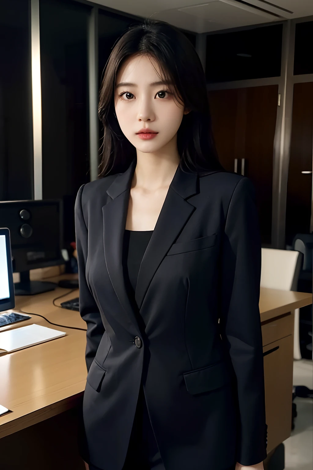 hight resolution, Realistic portrait of professional Korean office lady with perfect skin,Professional suit,Women's Suits,standing athletic pose,The upper part of the body,Women at work,Show confidence and maturity, Surrounded by a modern corporate environment, Vivid and naturally illuminated highlights. Artwork should highlight her elegant facial features, Including an attractive long eye, Fluttering eyelashes and seductive lips. The scene is、Should be enhanced with elements of professionalism and visual appeal,For example, Stylish work desk, Mainframe Computers, High-resolution display, And complex stationery. The overall tone should be warm and professional, Has a soft and natural color palette. Artwork must exude professionalism, Success, And cultural pride,the background is blurred