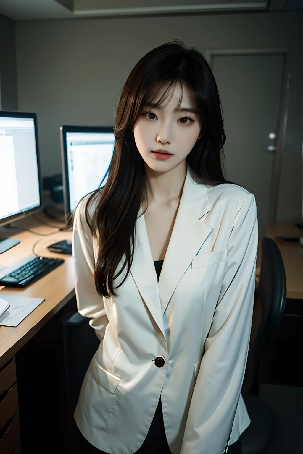 hight resolution, Realistic portrait of professional Korean office lady with perfect skin,Professional suit,Women's Suits,standing athletic pose,The upper part of the body,Women at work,Show confidence and maturity, Surrounded by a modern corporate environment, Vivid and naturally illuminated highlights. Artwork should highlight her elegant facial features, Including an attractive long eye, Fluttering eyelashes and seductive lips. The scene is、Should be enhanced with elements of professionalism and visual appeal,For example, Stylish work desk, Mainframe Computers, High-resolution display, And complex stationery. The overall tone should be warm and professional, Has a soft and natural color palette. Artwork must exude professionalism, Success, And cultural pride,the background is blurred