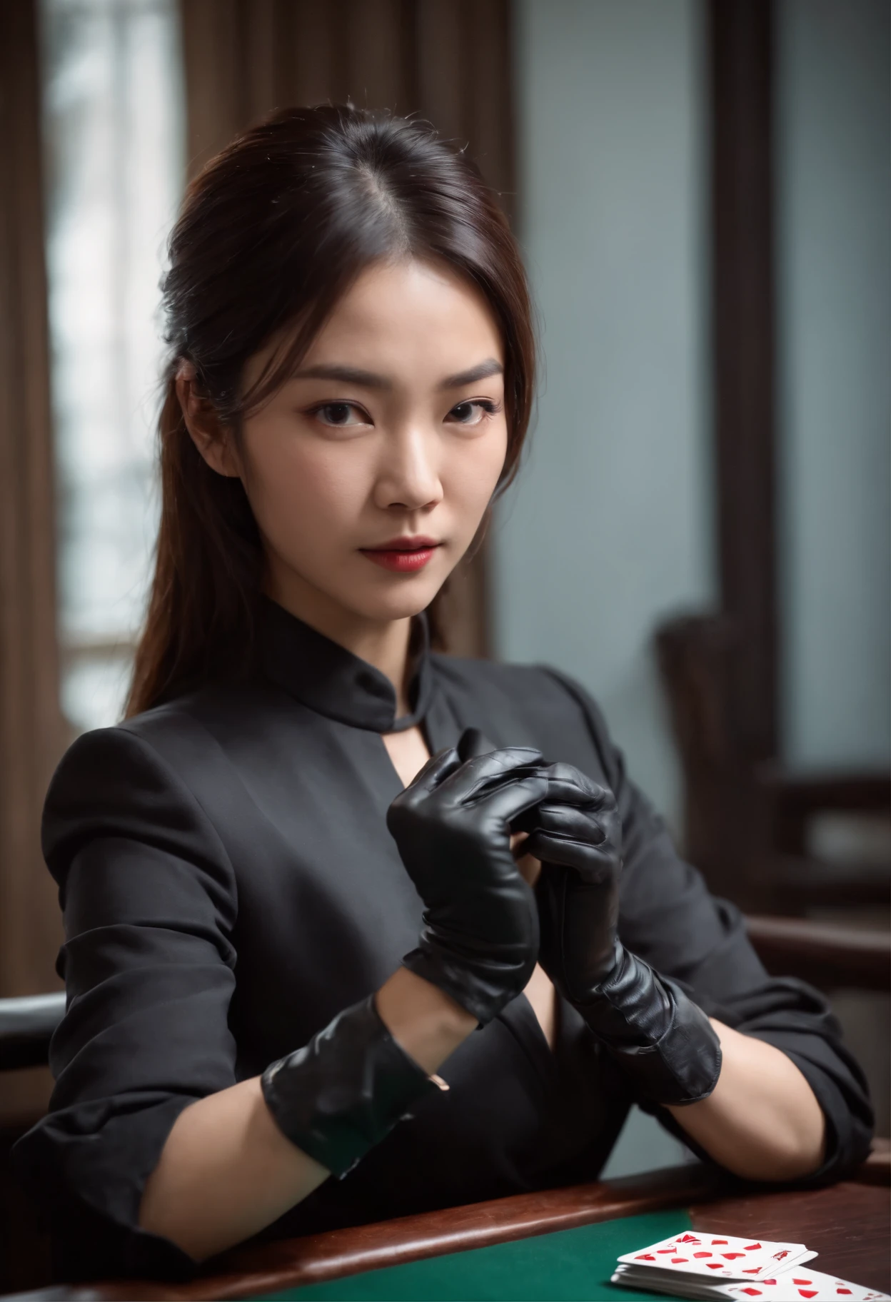 A young Japanese woman with a black suit up to a shirt and playing cards with black leather gloves on both hands