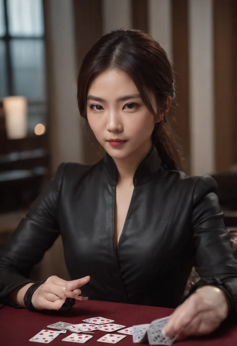 A young Japanese woman with a black suit up to a shirt and playing cards with black leather gloves on both hands