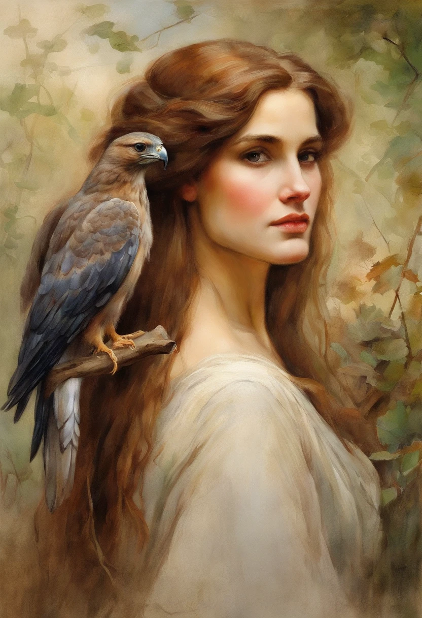 William waterhouse style painting, maiden with brown hair , holding a hawk