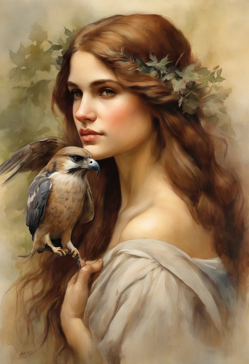 William waterhouse style painting, maiden with brown hair , holding a hawk