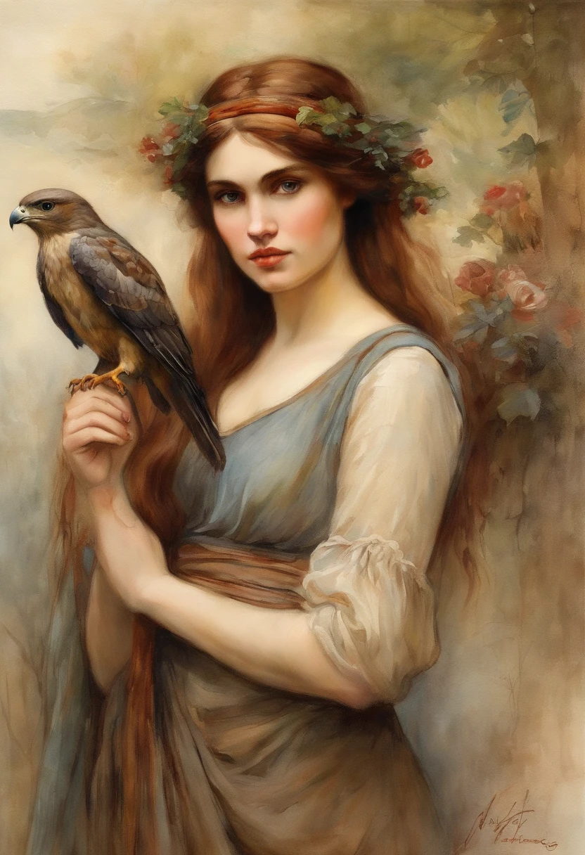 William waterhouse style painting, maiden with brown hair , holding a hawk