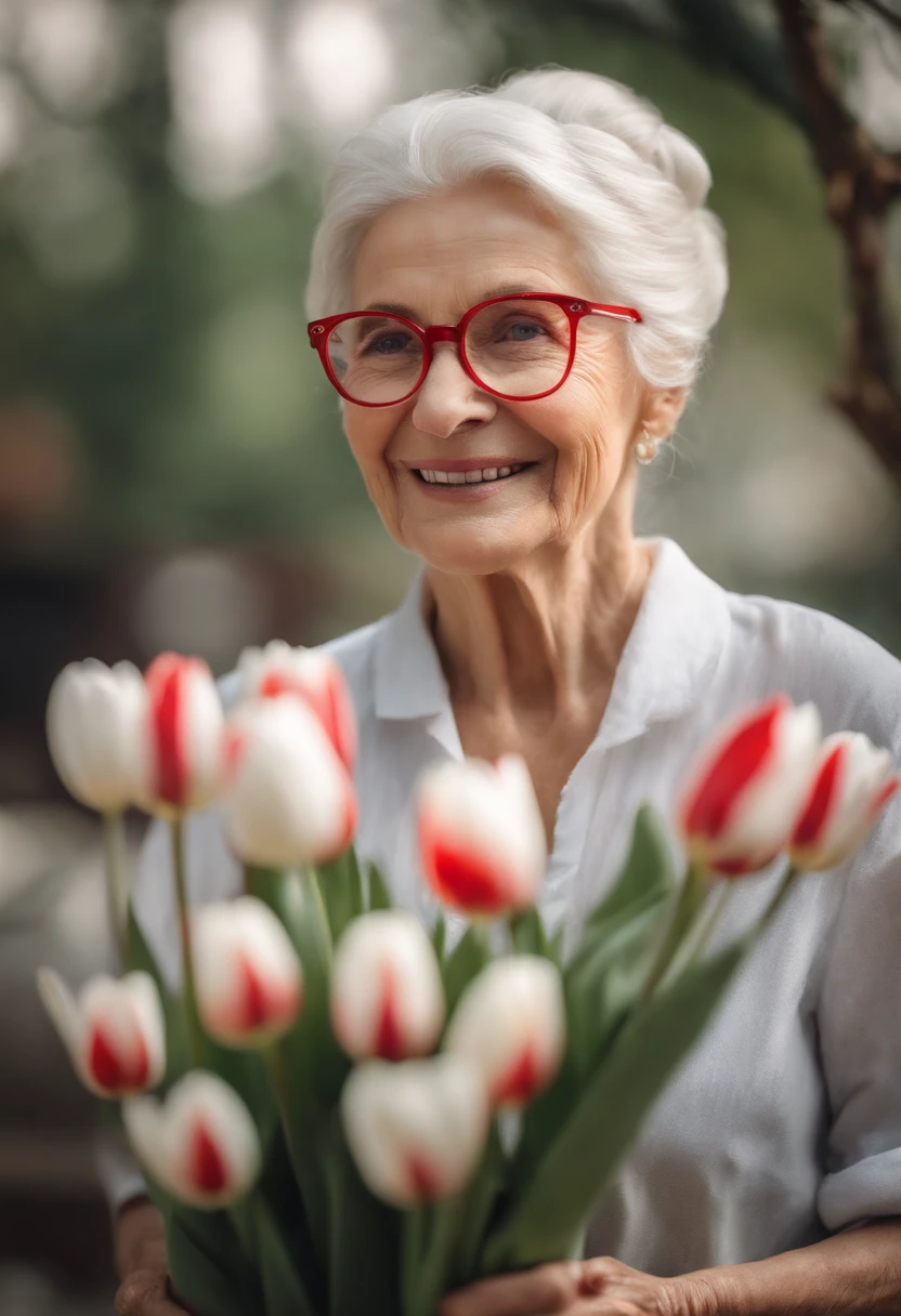 At best....., high-detail, master-piece, ultra-detail, (Realistic:1.2), An elderly woman with white hair tied in a bun, looking in good spirits, wearing red-framed eyeglasses, Wear a white shirt, Side stand Carrying a bouquet of white tulips, Oil painting style, high definition, Watercolor, trending on artstation, sharp focus, studio photo, intricate details, highly detailed