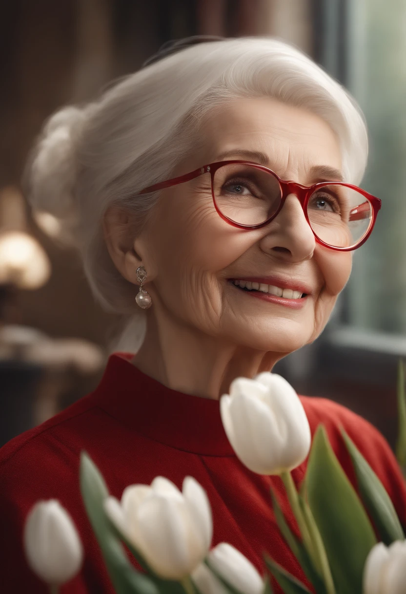 At best....., high-detail, master-piece, ultra-detail, (Realistic:1.2), An elderly woman with white hair tied in a bun, looking in good spirits, wearing red-framed eyeglasses, Wear a white shirt, Side stand Carrying a bouquet of white tulips, Oil painting style, high definition, Watercolor, trending on artstation, sharp focus, studio photo, intricate details, highly detailed