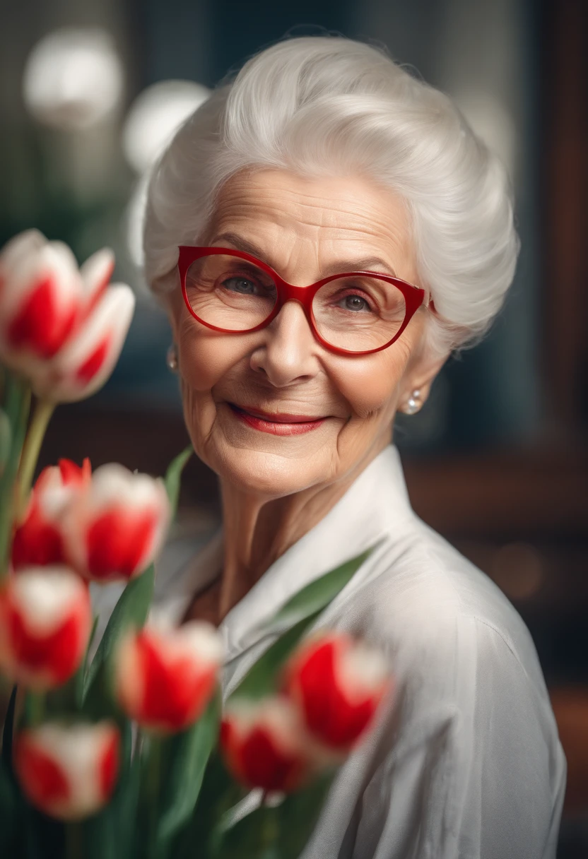 At best....., high-detail, master-piece, ultra-detail, (Realistic:1.2), An elderly woman with white hair tied in a bun, looking in good spirits, wearing red-framed eyeglasses, Wear a white shirt, Side stand Carrying a bouquet of white tulips, Oil painting style, high definition, Watercolor, trending on artstation, sharp focus, studio photo, intricate details, highly detailed