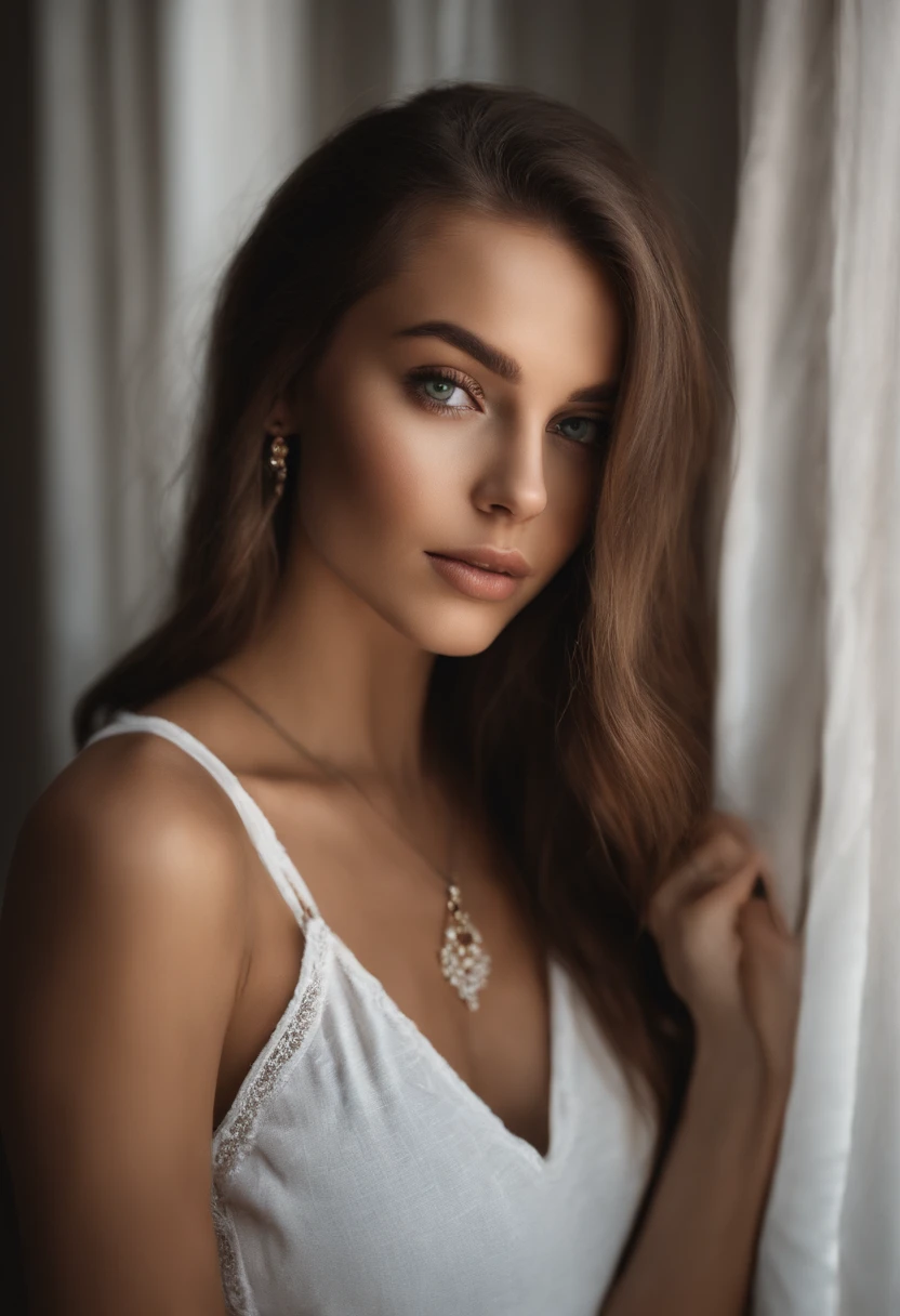 Arafed woman with a white tank top and necklace, fille sexy aux yeux bleu, Portrait Sophie Mudd, cheveux bruns et grands yeux, selfie of a young woman, Yeux de chambre, Violet Myers, sans maquillage, maquillage naturel, looking straight at camera, Visage avec Artgram, Maquillage subtil, Superbe photo du corps entier, piercing green eyes