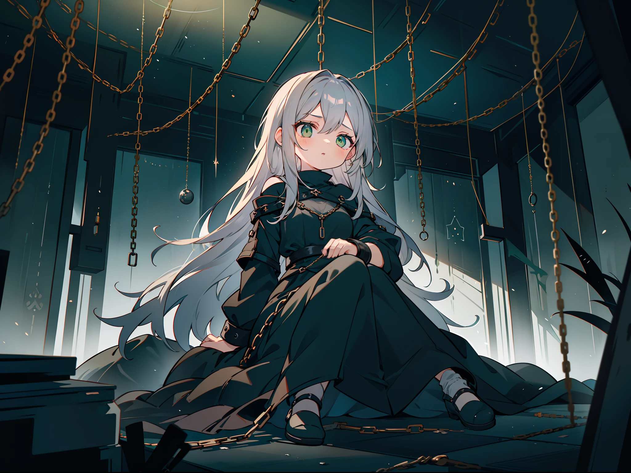 One girl is restrained in a dark room. (Hands are restrained by chains extending from the ceiling). I'm a girl with gray hair and green eyes。You can hold your hand with a chain hanging from the ceiling。Sitting on the ground。
The room is dark。Dark colors. high-level image quality.