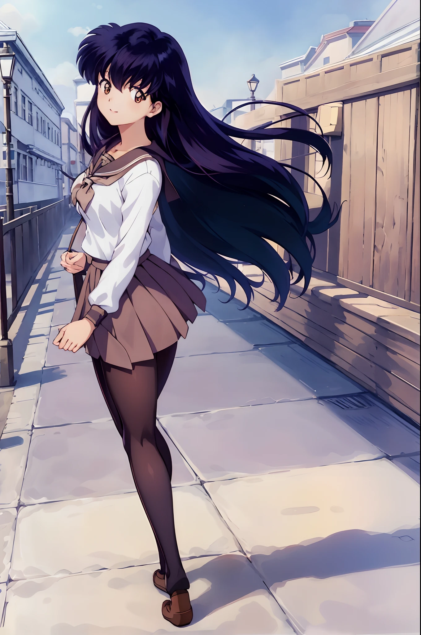 (Best Quality), 1Woman,1Kagome Higurashi Girl, Brown eyes, Full body, Realistic Photos, (hyperrealistic:1.2), perfect eyes, perfect face, perfect illumination, outdoors, warm colors, Town, school uniforms, happy, , walking,, smile, pantyhose