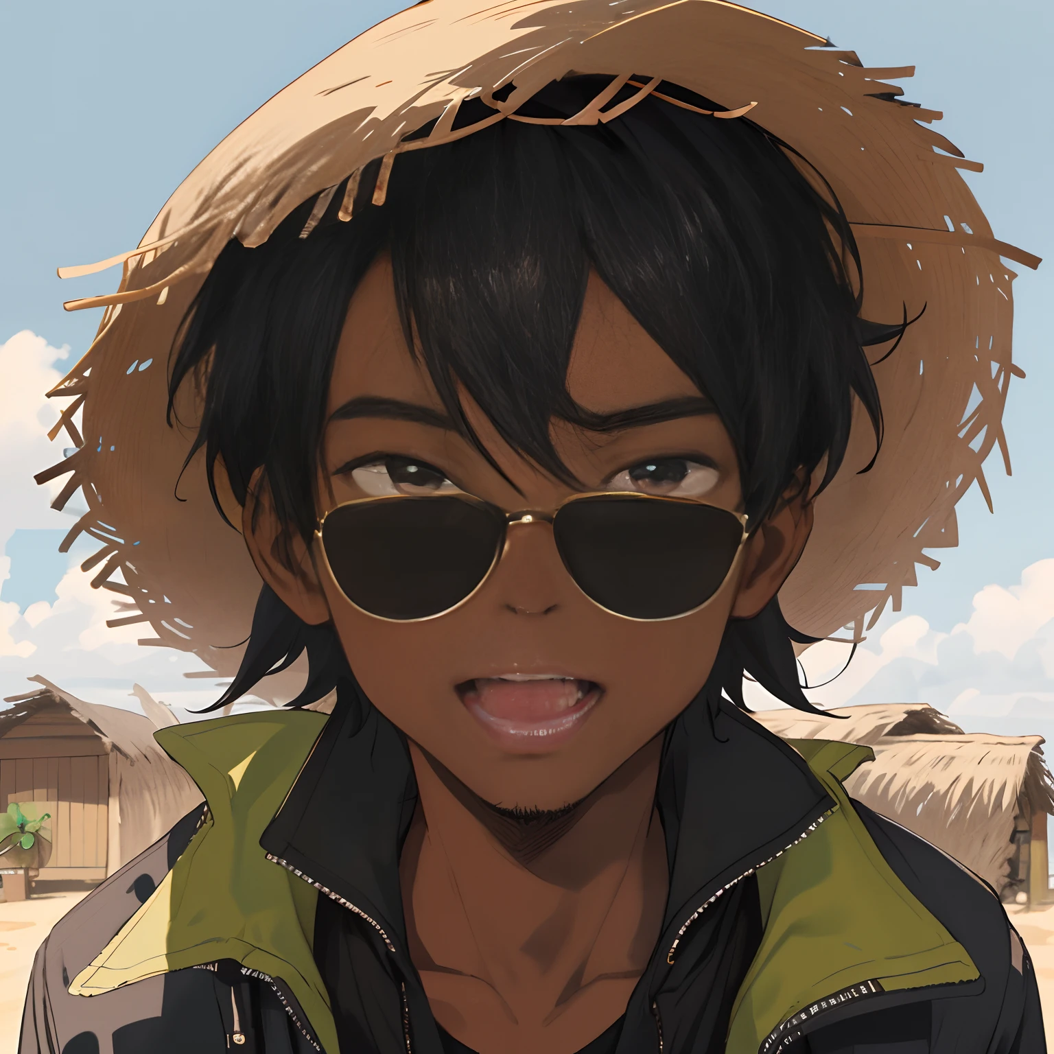 Libido boy，Overview of the face，A 22-year-old boy、Black hairstyle with dark skin，Slightly strong，Laugh hehe，wearing a jacket，naughty，With sunglasses，thatched hut，multiple postures and expressions，Black strokes，various emotions，Rough sketch，Setting image、8K