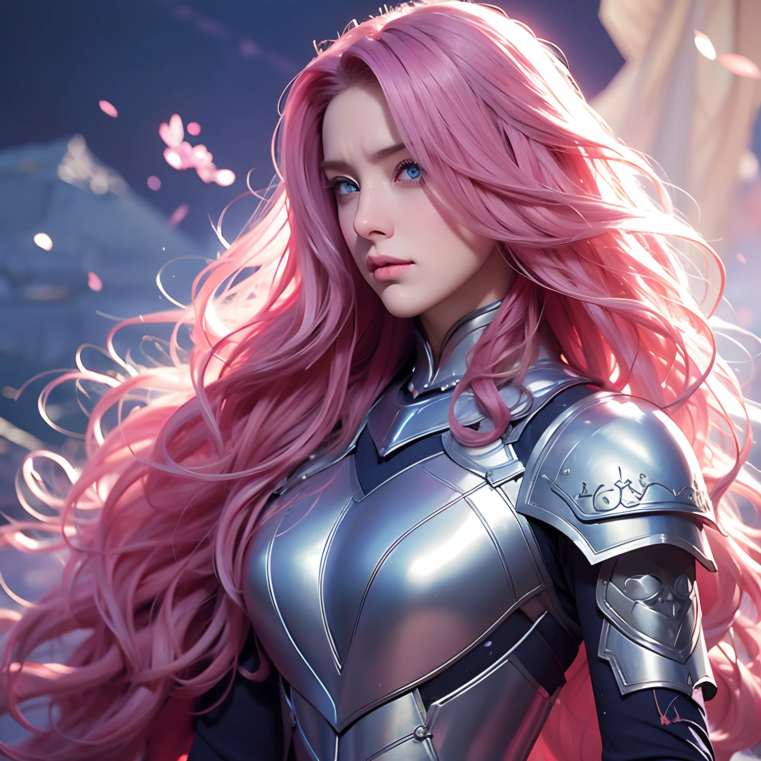 A woman, long curly hair, pink hair, blue eyes, wearing armor, defeated, medieval background, sad, sword, medium breast, show nipples,