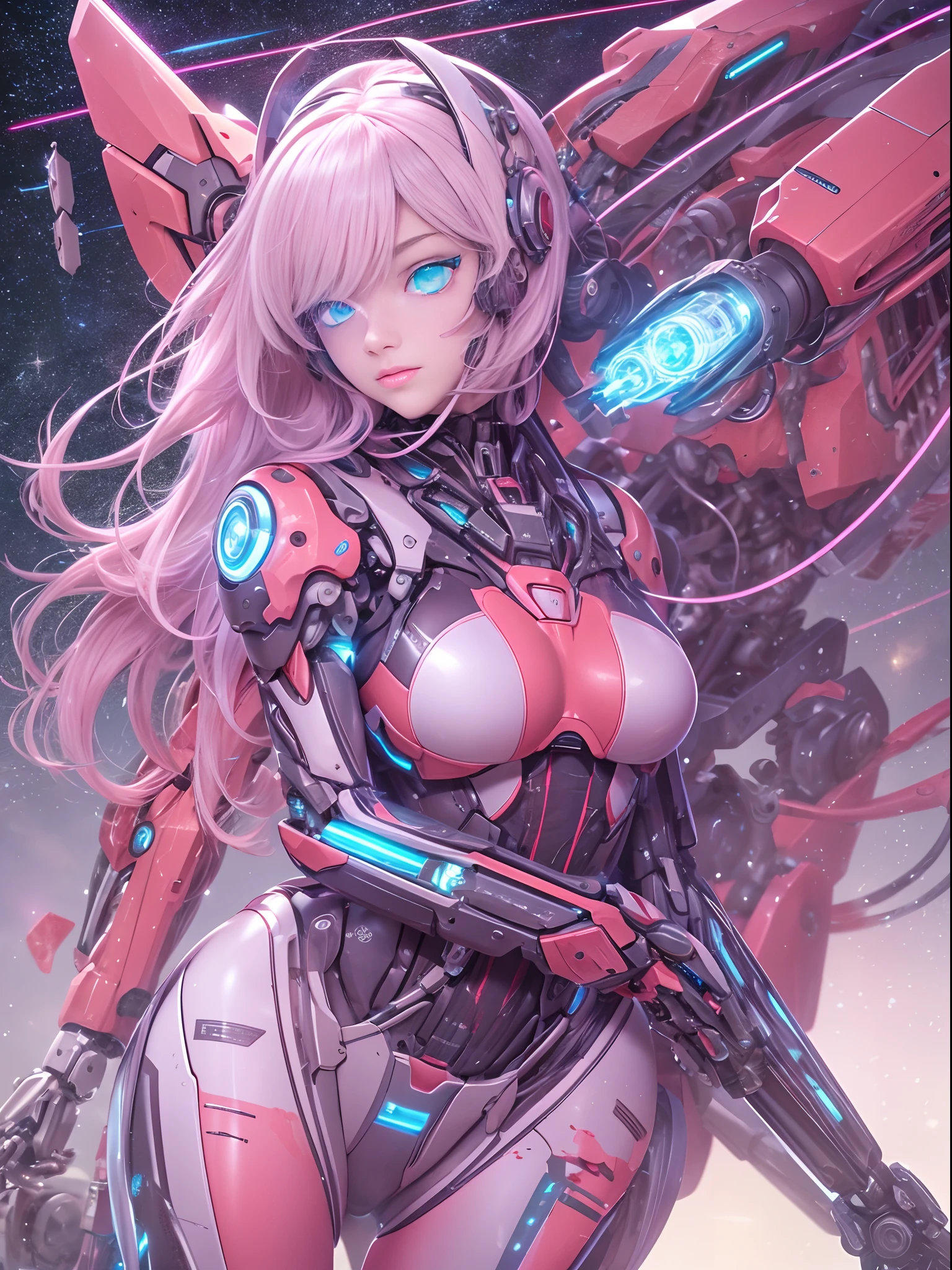 tmasterpiece, high high quality, A high resolution, high textured, 8K, HighDynamicRange, Robot girl in bikini costume, Medium breasts, Pink transparent tights, mechs, cyanhair, By bangs, Blue light sparkling eyes,Mechanical body,Mechanical prosthetics, Mechanical joints,mechanical leg, Blood vessels connected to the tube, mechanical cervical attachment to the neck, wires and cables connecting to head,, Small LED lamps,messy hair, Detailed skins,fine-grained skin, natta,Starry Sky Battlefield