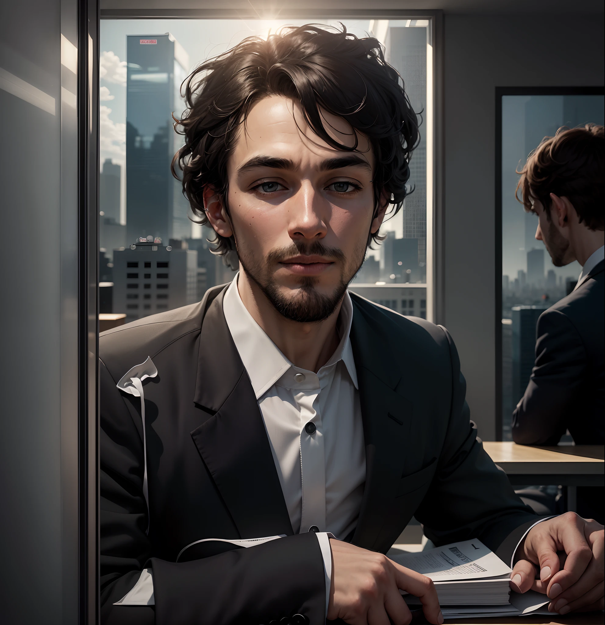man in a black suit , sitting in an office, in the background a large window overlooking a city full of buildings