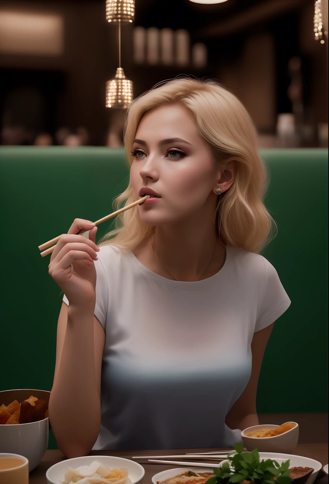 Blonde woman eating a meal in a restaurant with chopsticks in her mouth, Yelena Belova, Irina Nordsol Kuzmina, Anastasia Ovchinnikova, julia gorokhova, Estilo de Julia Razumova, Viktoria Gavrilenko, Anna Nikonova aka Newmilky, Olga Buzova, namorada russa, Alina Ivanchenko, fotografia realista, fotografia, obra-prima, realista, Realismo, renderizado, Alto contraste, Arte Digital, fotográficorealista, trend in Artstation 8k HD, high definiton, circunstanciado, Realistic, detalhada, textura da pele, hiperdetalhada, Textura realista da pele, melhor qualidade, ultra high-resolution, (fotografia realista: 1.4), alta resolução, detalhada, fotografia crua, Crisp resolution, Nikon d850 filme, fotografia de stock 4, Kodak Portra 400 Camera F1 Lens.6, textura hiper realista, lighting dramatic, Unrealistic trend in Artstation Cinestill 800, RAW.