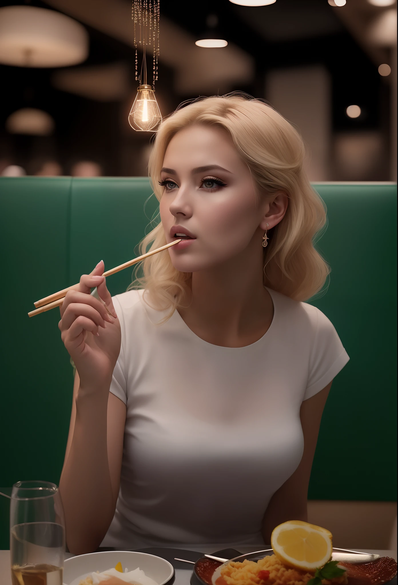 Blonde woman eating a meal in a restaurant with chopsticks in her mouth, Yelena Belova, Irina Nordsol Kuzmina, Anastasia Ovchinnikova, julia gorokhova, Estilo de Julia Razumova, Viktoria Gavrilenko, Anna Nikonova aka Newmilky, Olga Buzova, namorada russa, Alina Ivanchenko, fotografia realista, fotografia, obra-prima, realista, Realismo, renderizado, Alto contraste, Arte Digital, fotográficorealista, trend in Artstation 8k HD, high definiton, circunstanciado, Realistic, detalhada, textura da pele, hiperdetalhada, Textura realista da pele, melhor qualidade, ultra high-resolution, (fotografia realista: 1.4), alta resolução, detalhada, fotografia crua, Crisp resolution, Nikon d850 filme, fotografia de stock 4, Kodak Portra 400 Camera F1 Lens.6, textura hiper realista, lighting dramatic, Unrealistic trend in Artstation Cinestill 800, RAW.