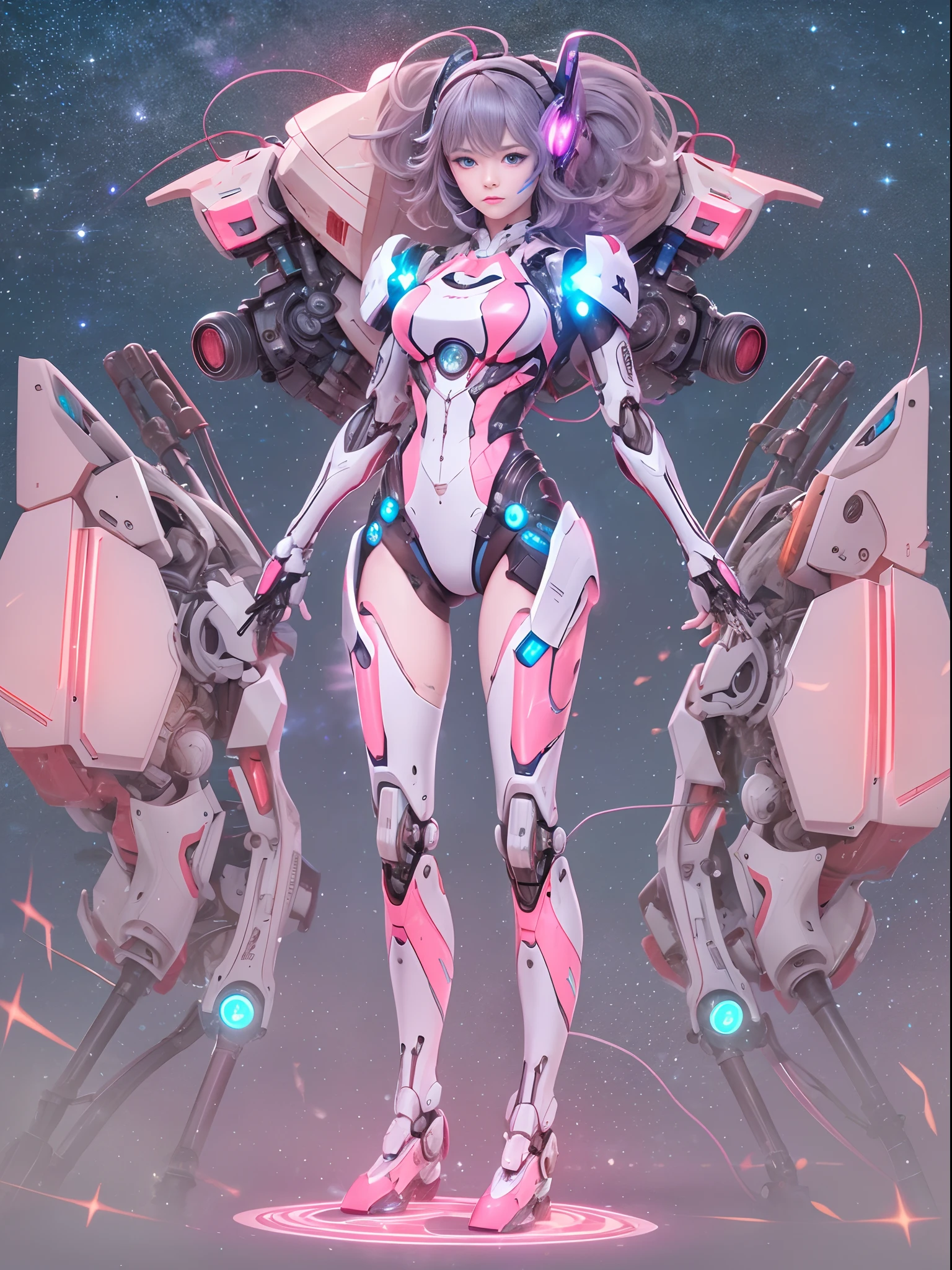 tmasterpiece, high high quality, A high resolution, high textured, 8K, HighDynamicRange, Robot girl in bikini costume, Medium breasts, Pink transparent tights, mechs, cyanhair, By bangs, Blue light sparkling eyes,Mechanical body,Mechanical prosthetics, Mechanical joints,mechanical leg, Blood vessels connected to the tube, mechanical cervical attachment to the neck, wires and cables connecting to head,, Small LED lamps,messy hair, Detailed skins,fine-grained skin, natta,Starry Sky Battlefield