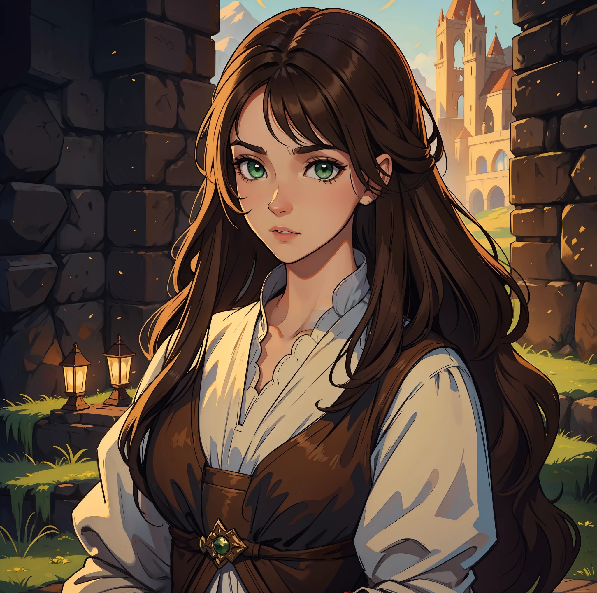 Um retrato de uma mulher bonita, She is an elegant princess with green eyes and brown hair;, um NPC para um RPG medieval usando trajes medievais em uma arte de RPG de arte medieval, Uma arte de detalhe aproximado em um quarto muito escuro com a luz da lua no fundo ((cabelo marron)) ((cabelo comprido))