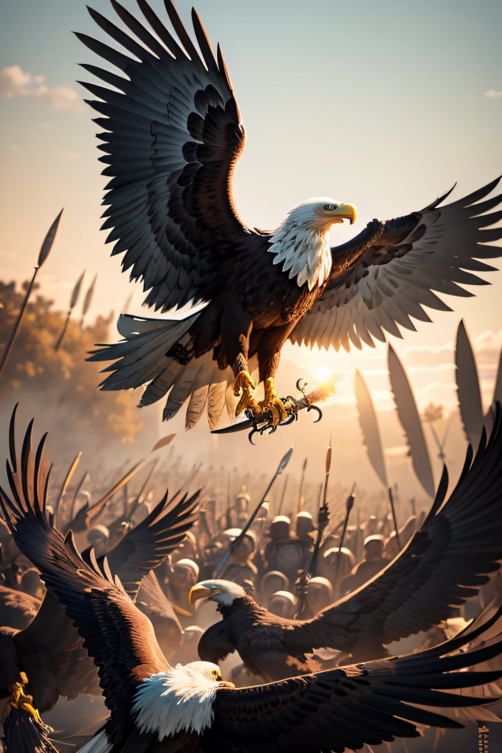 eagle flying amid warriors in battle
