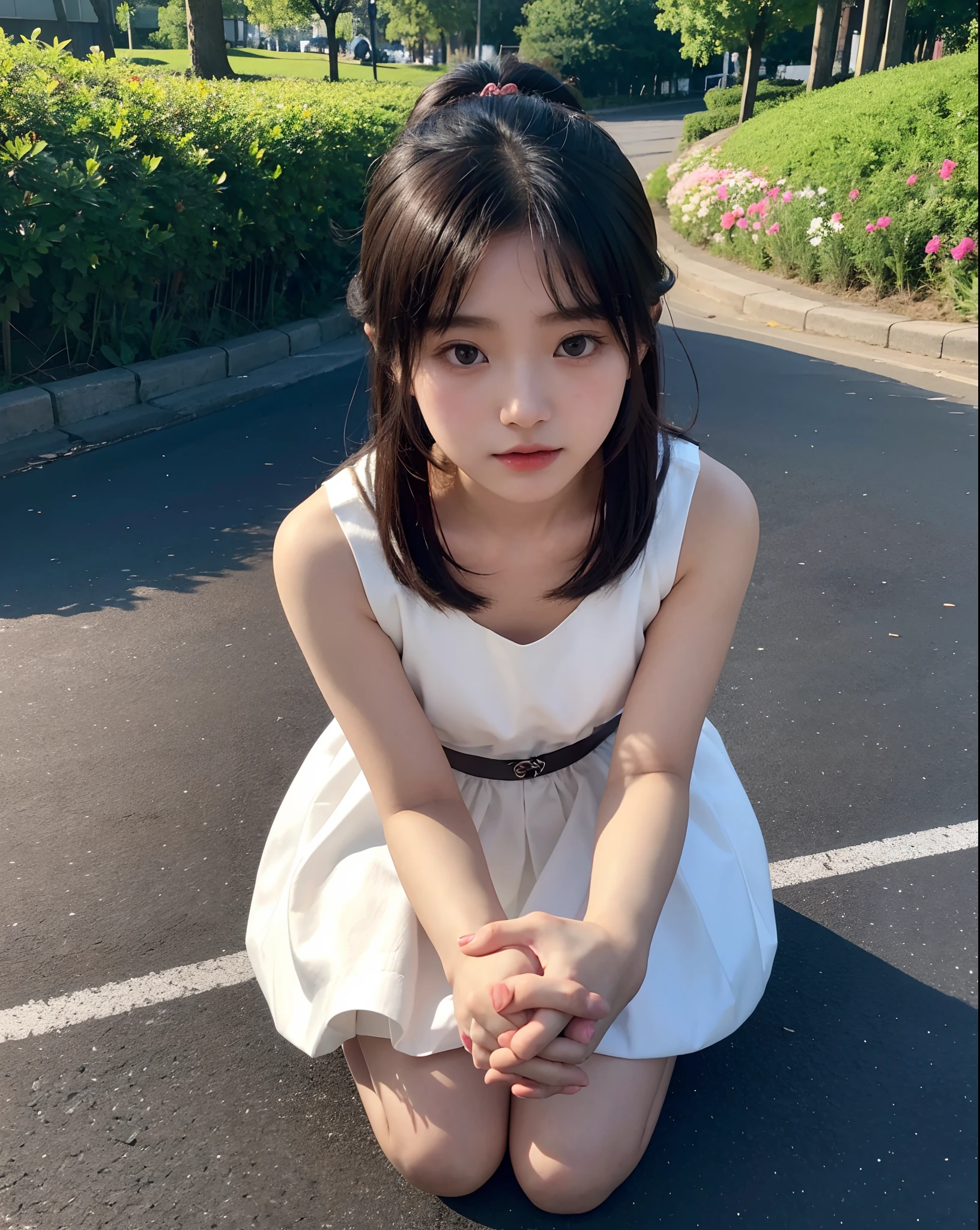 there is a woman sitting on the ground holding her hands out, shikamimi, xision wu, sakimichan, xintong chen, in dress, chiho, young and cute girl, sakimichan hdri, cutecore, ruan cute vtuber, korean girl, sakimi chan, pretty face with arms and legs