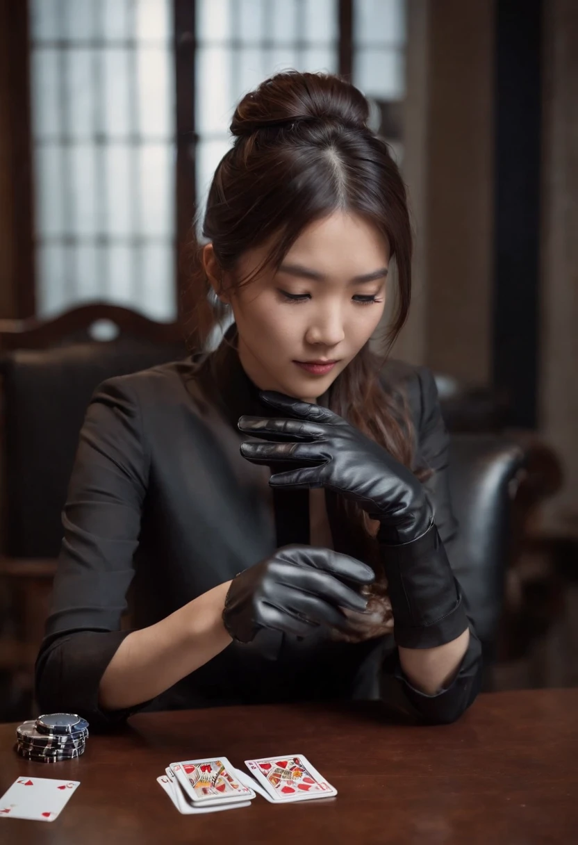 A young Japanese woman with a black suit up to a shirt and playing cards with black leather gloves on both hands