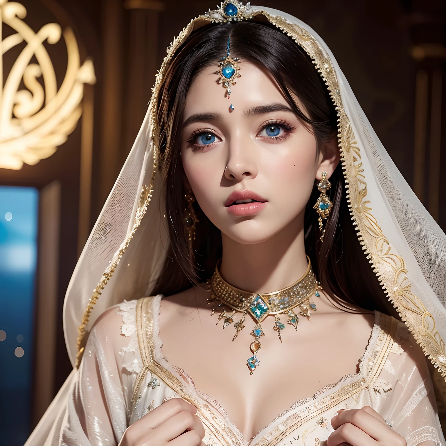 Very Beautiful princesse glowing crystal eyes hyper realistic super detailed Dynamic shot master piece scene cinématique scènes movie Epic Legendary wearing Islamic caftan marocain eyes