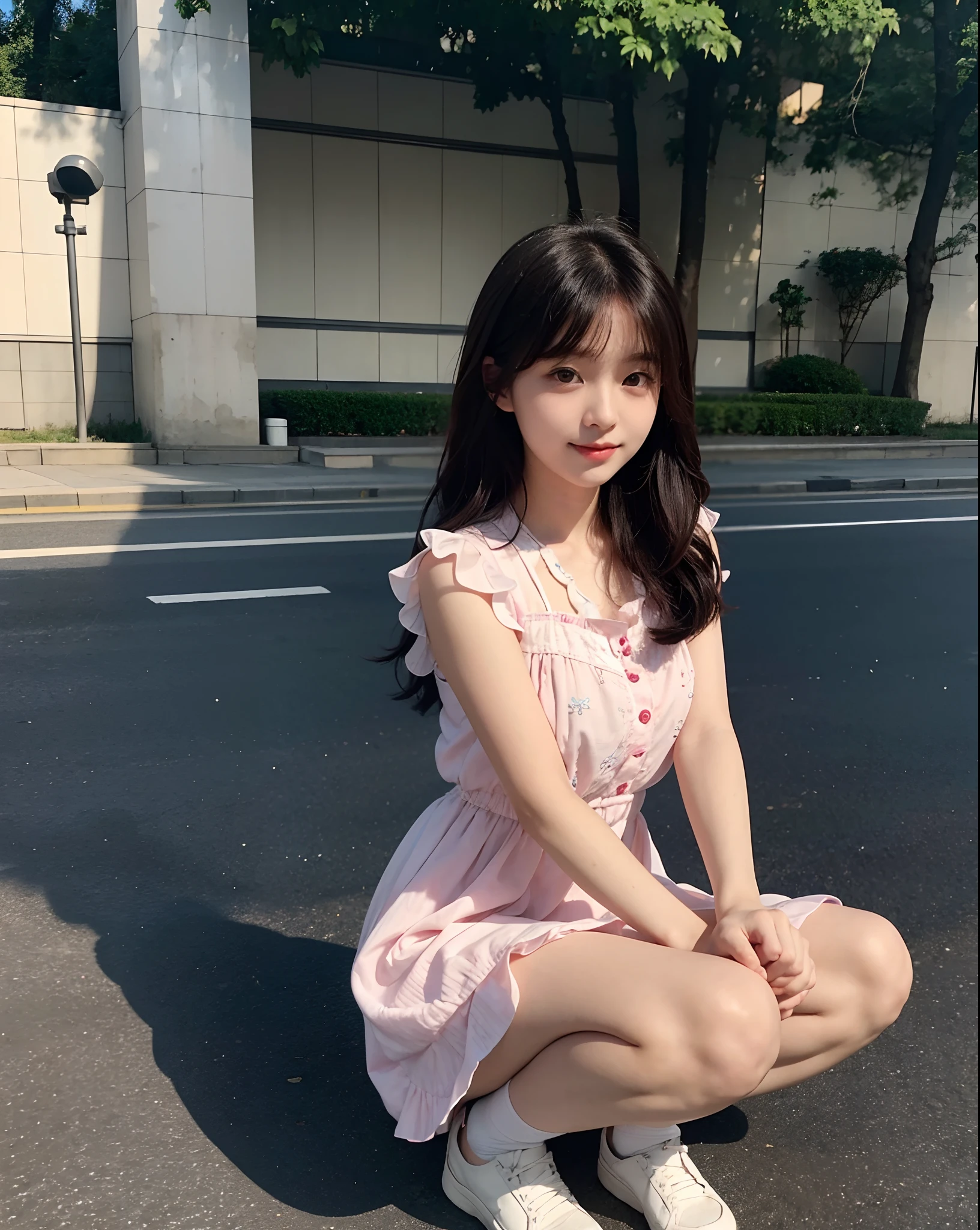 there is a woman sitting on the ground holding her hands out, shikamimi, xision wu, sakimichan, xintong chen, loli in dress, chiho, young and cute girl, sakimichan hdri, cutecore, ruan cute vtuber, korean girl, sakimi chan, pretty face with arms and legs