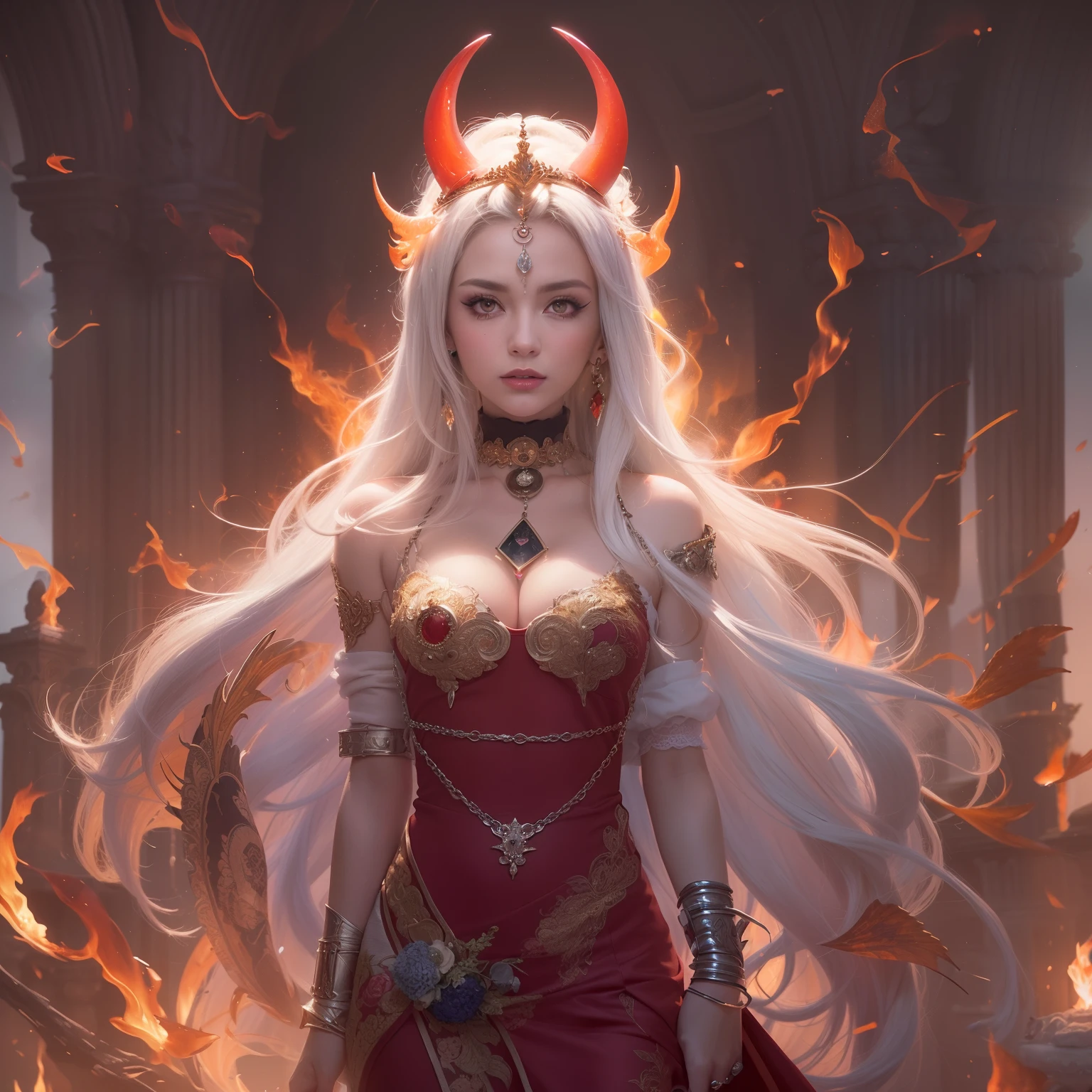 (number々Award-winning masterpieces of, with incredible detail, textures and maximum detail), (Hyper realistic:1.4), (Realistic:1.3), (Top quality real texture skins), (Fine true circle symmetrical eyes), finerly detailed face, ((medieval world)), (full-length portrait:1.5), ((The Flame Devil of the Lord)), ((The Fire Devil of the Lord's Hell)), (Brighten and burn your eyes like ice), (She has a mischievous smile on her face), (Eyes that glow red in the dark:1.5), (A pair of red eyes with strong red light emitting from within:1.5), (full-body standing image:1.4), (gives full-body standing image:1.4), (full-body standing image:1.5), Bioluminescence, (Swirling flames and flames in the background), (Dramatic light), (A majestic sight), (Her countenance is gentle and beautiful, however、Somehow horrible), Glass earrings on the ears, (dramatic photography:1.4), ((dramatic pose)), (flamboyant photo), (Golden hair), (Silver hair), (Chestnut hair), short cut hair, ((looks up)), ((Looking down)), (Around her neck is a simple necklace of exquisite workmanship), (Bioluminescence with brilliant brilliance:1.3), (Use fancy flame magic:1.2), (Swirling flames), The Great Temple of the Devil, The Devil's Grand Shrine, great temple, great cathedral, temple ruins, detached temple, (Luminous magic circle), Ruins of an ancient castle, Shining majestic cloud masses and sky, lightning bolt, Epic Realistic, Faded, Art Book, (Greg Rutkowski:0.8), (teal and orange:0.4), (Art Station:1.5), Cinematic, ((Neutral colors)), (nffsw:1.5), (Muted colors:1.2), Hyper Detailed, Dramatic light, (Intricate details:1.1), Complex background,