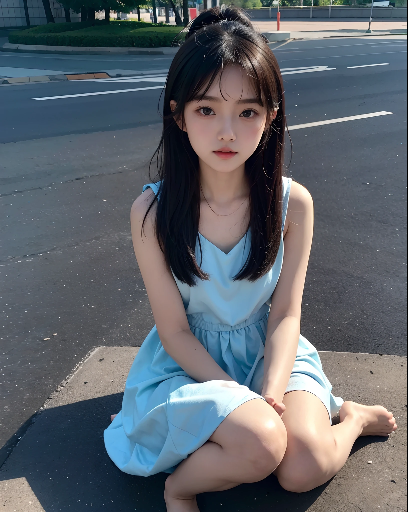there is a woman sitting on the ground holding her hands out, shikamimi, xision wu, sakimichan, xintong chen, loli in dress, chiho, young and cute girl, sakimichan hdri, cutecore, ruan cute vtuber, korean girl, sakimi chan, pretty face with arms and legs