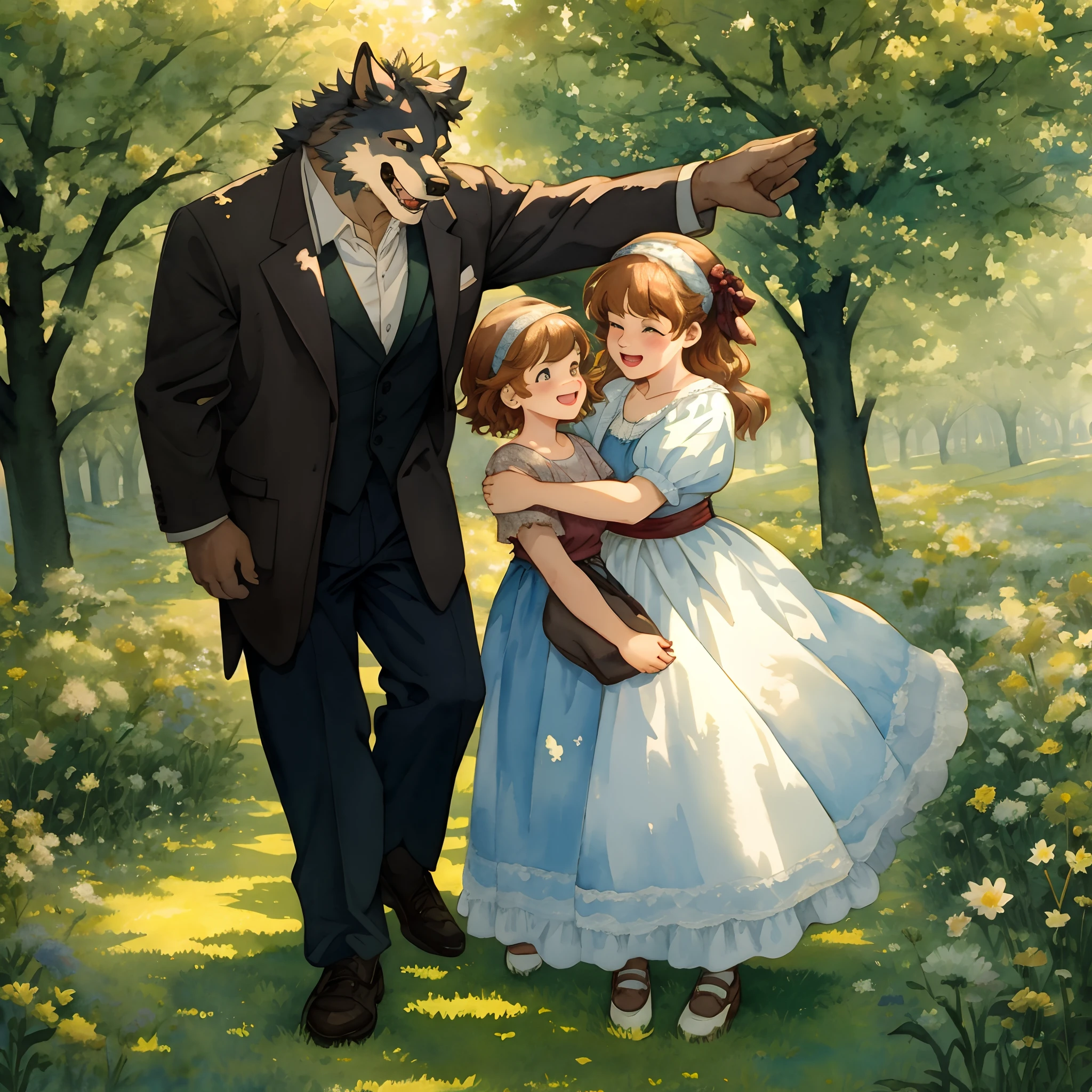 watercolor, soft color, Vintage images, highres, unparalleled masterpiece, absurdres, love story of human Child girl and giant Werewolf, love romance, Detectives and assistants, family photograph, pair, Height difference, Physical difference, perfect anatomy, smile, joyful, play with, smile, happy, watercolor,