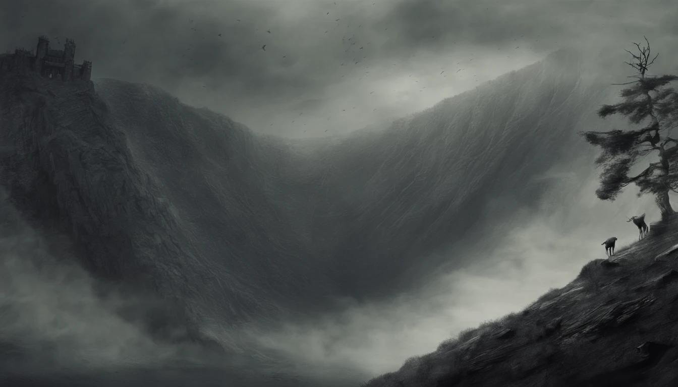 /imagine prompt: A ram jumps down a steep cliff,This was followed by a flock of sheep jumping down。 artwork of a, mixed media, Combine digital painting with traditional painting,For actions, Dynamic and detailed, --AR 16:9 --V 5